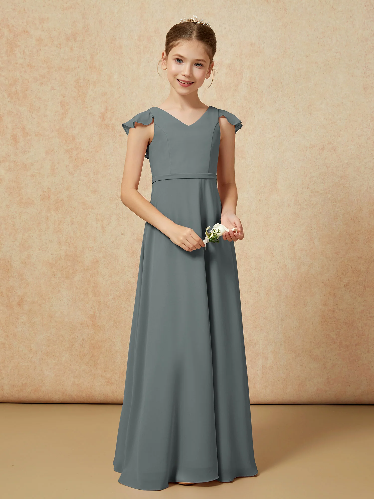 Flutter Sleeves Chiffon A-Line Junior Bridesmaid Dresses Steel Grey - Image 5