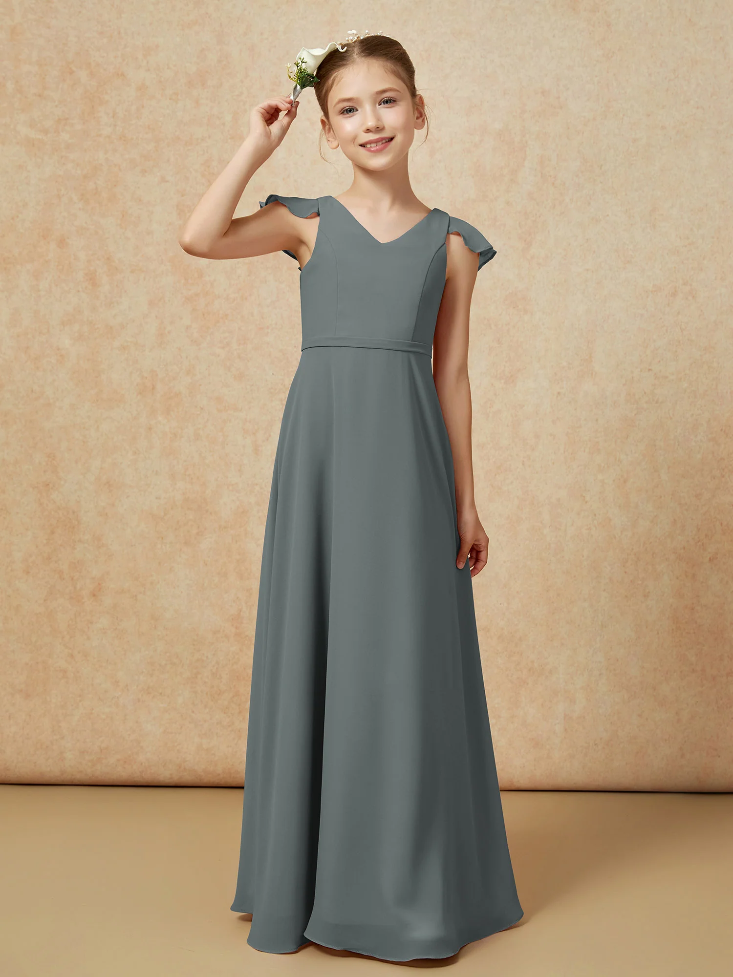 Flutter Sleeves Chiffon A-Line Junior Bridesmaid Dresses Steel Grey - Image 6