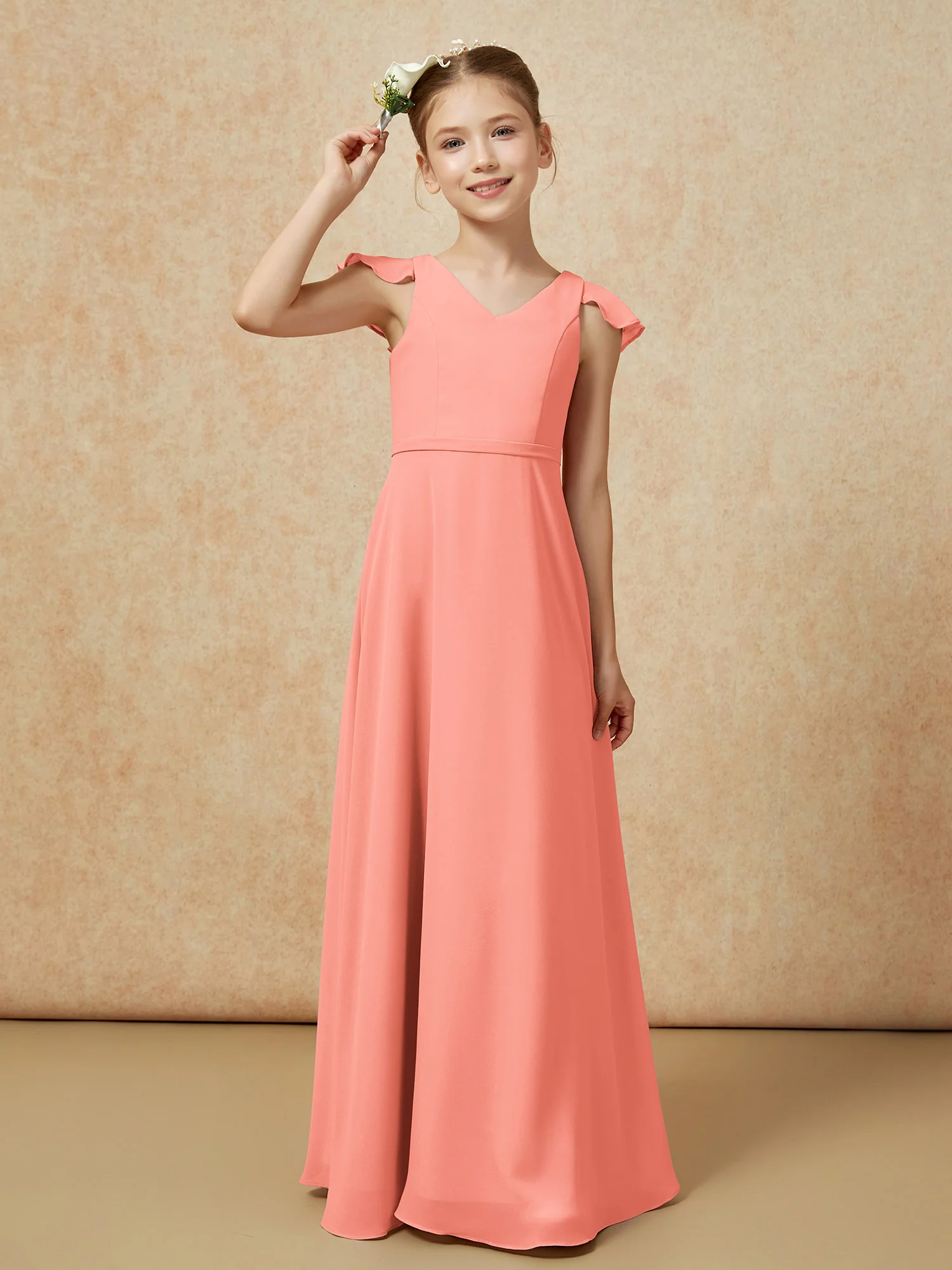 Flutter Sleeves Chiffon A-Line Junior Bridesmaid Dresses Sunset - Image 6