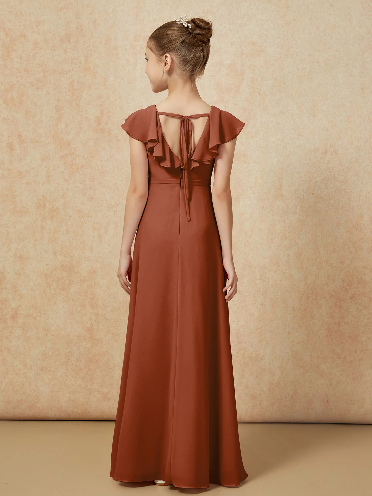 Flutter Sleeves Chiffon A-Line Junior Bridesmaid Dresses Terracotta - Image 2