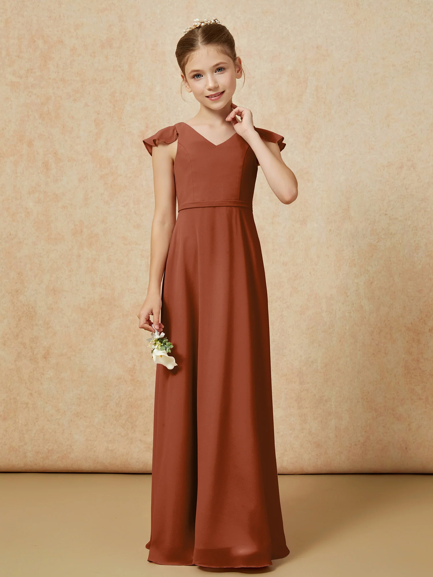 Flutter Sleeves Chiffon A-Line Junior Bridesmaid Dresses Terracotta - Image 4