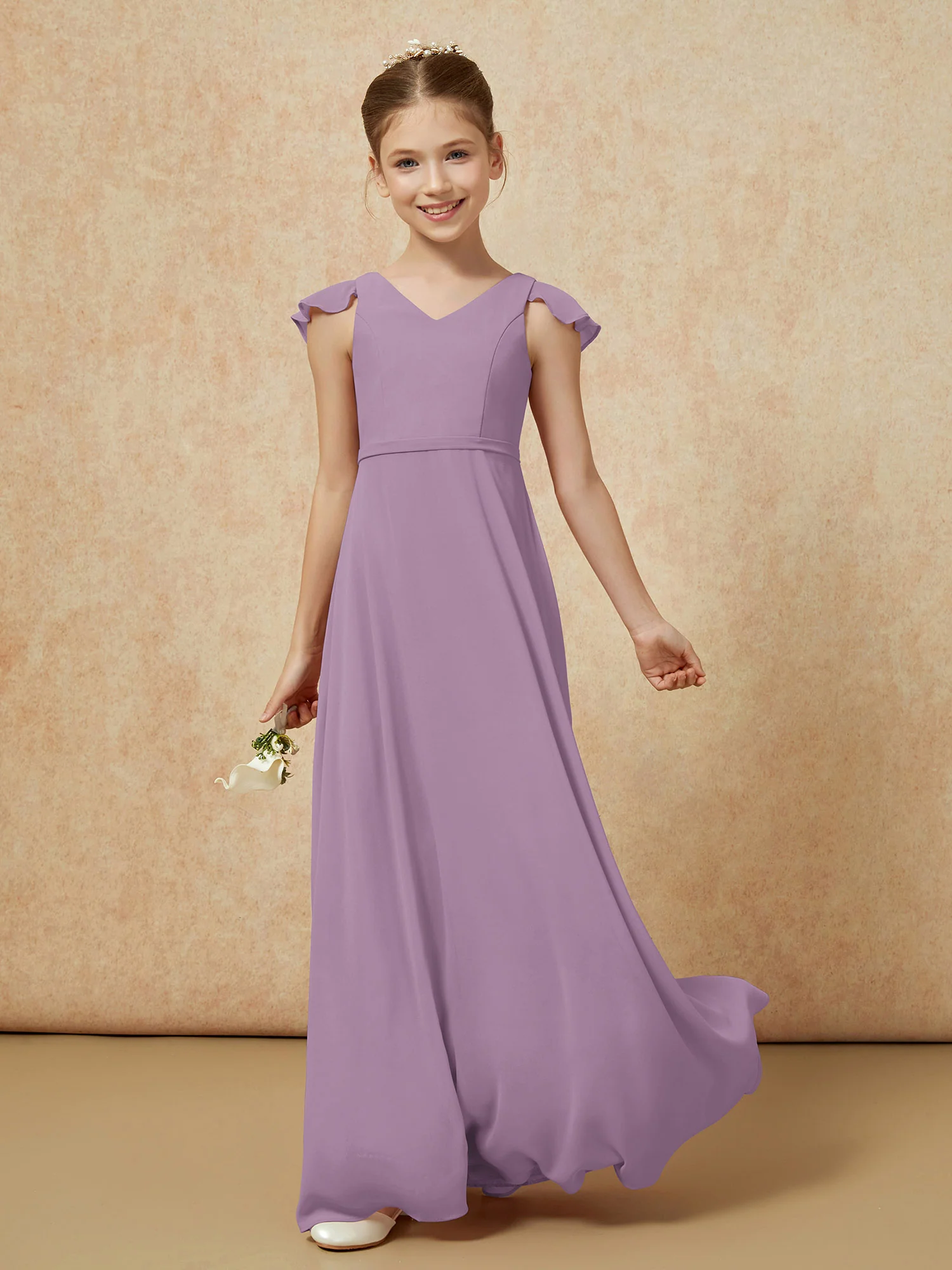 Flutter Sleeves Chiffon A-Line Junior Bridesmaid Dresses Wisteria - Image 3