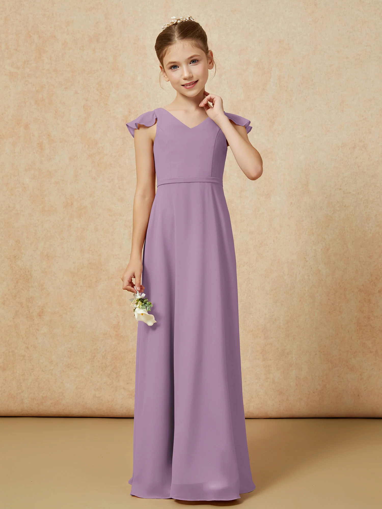 Flutter Sleeves Chiffon A-Line Junior Bridesmaid Dresses Wisteria - Image 4