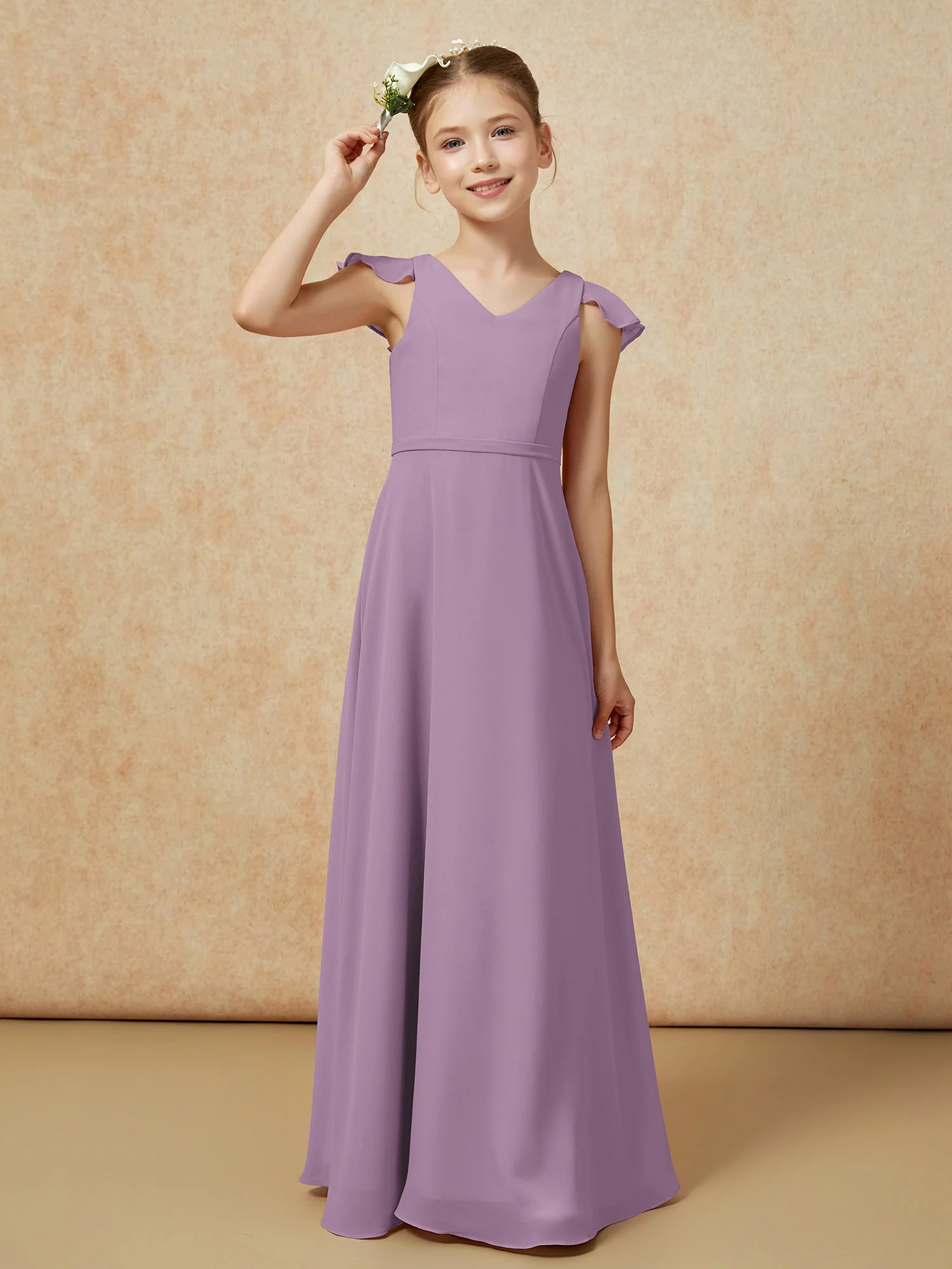 Flutter Sleeves Chiffon A-Line Junior Bridesmaid Dresses Wisteria - Image 6
