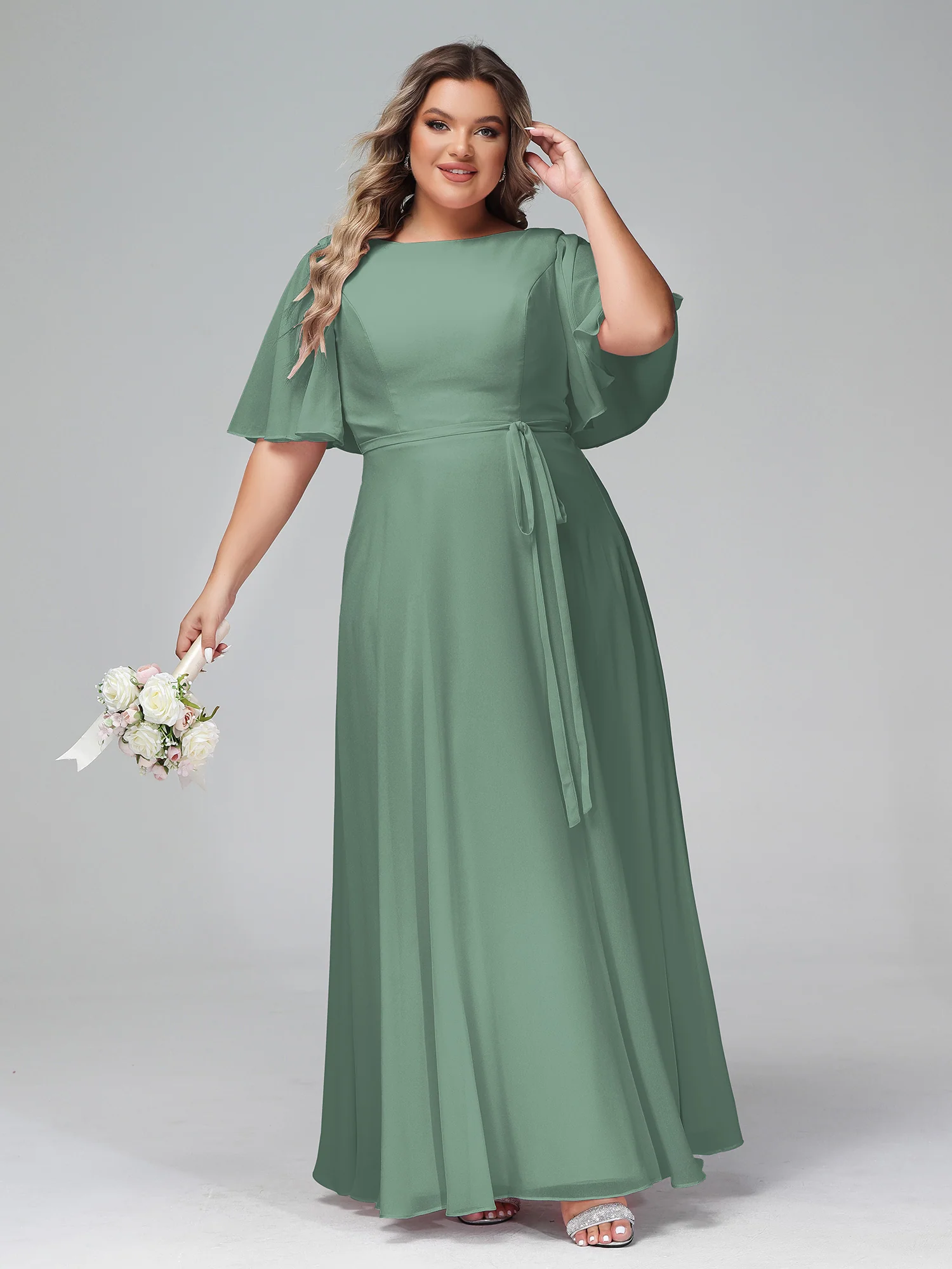 Flutter Sleeves Chiffon Max Dresses with Sash Bow Eucalyptus - Image 10