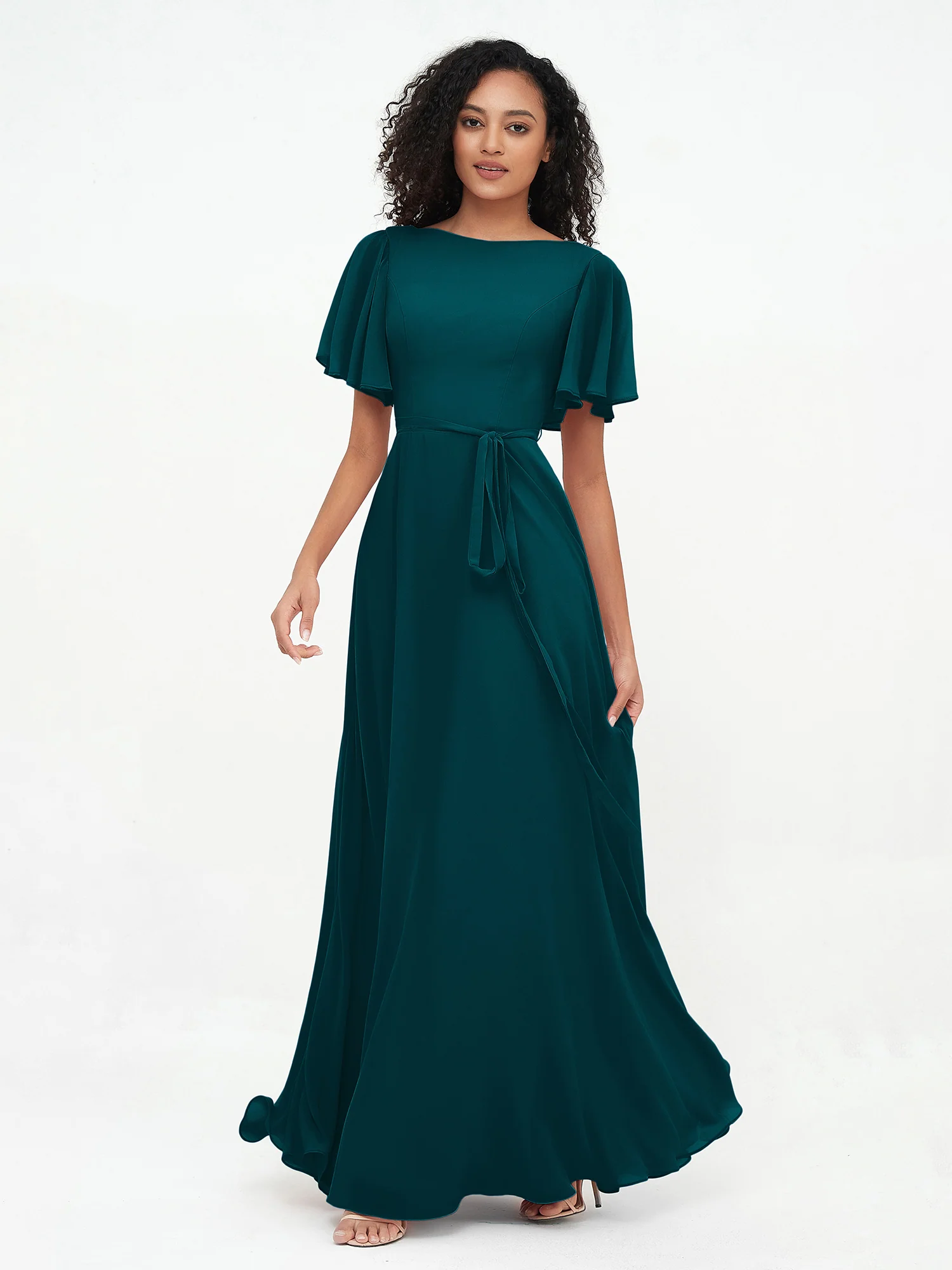 Flutter Sleeves Chiffon Max Dresses with Sash Bow Pine