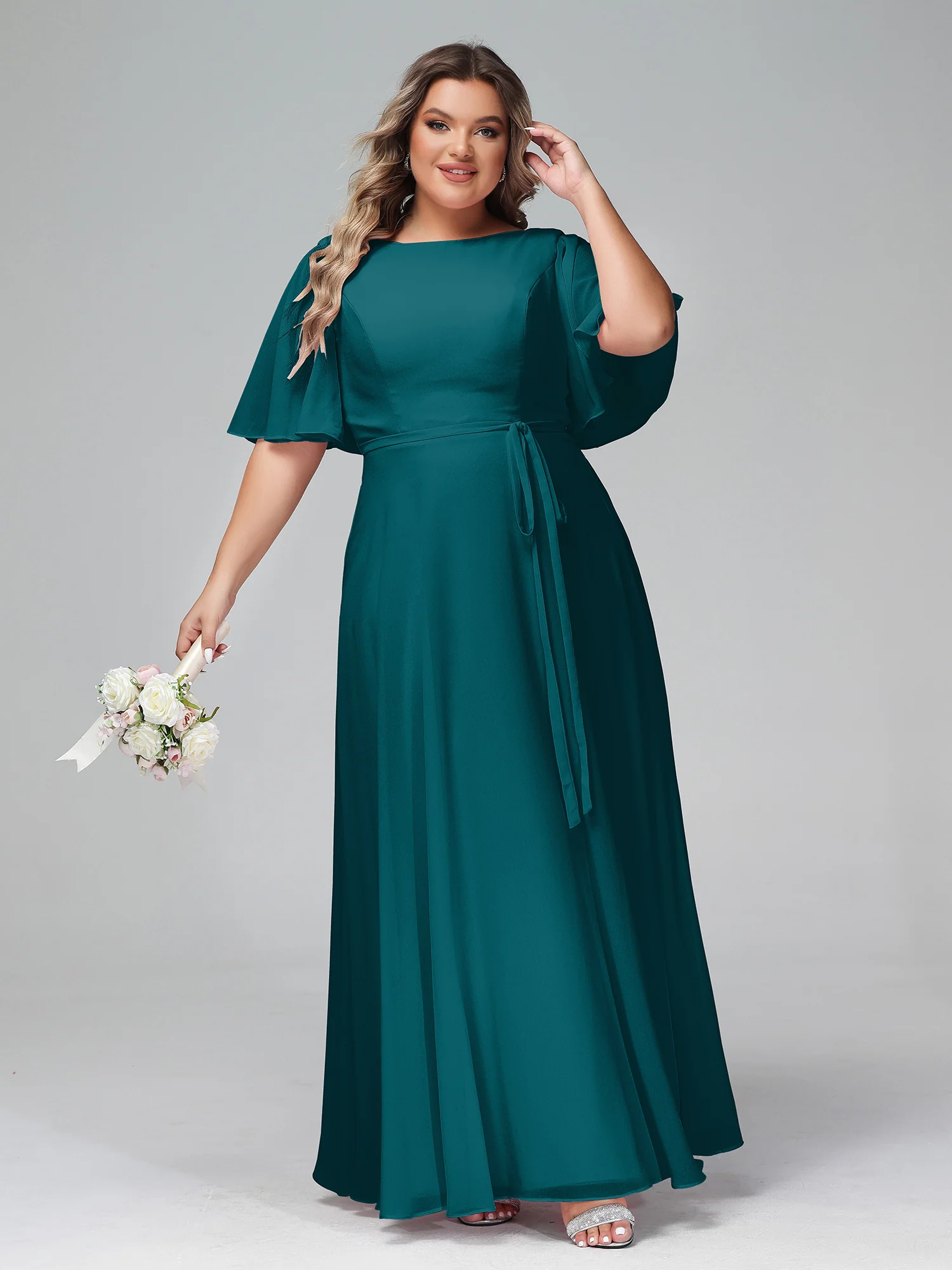 Flutter Sleeves Chiffon Max Dresses with Sash Bow Pine - Image 10