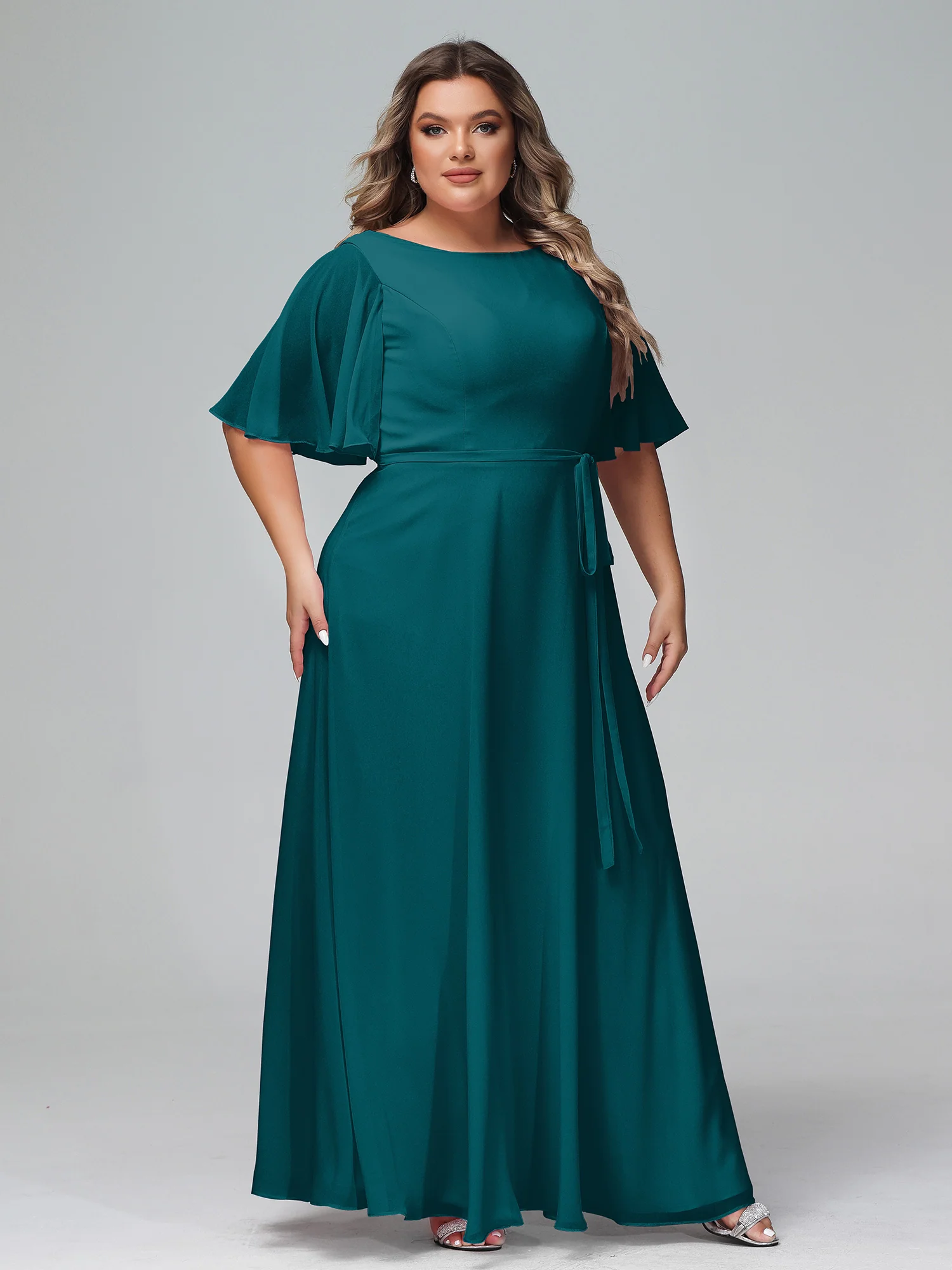 Flutter Sleeves Chiffon Max Dresses with Sash Bow Pine - Image 11