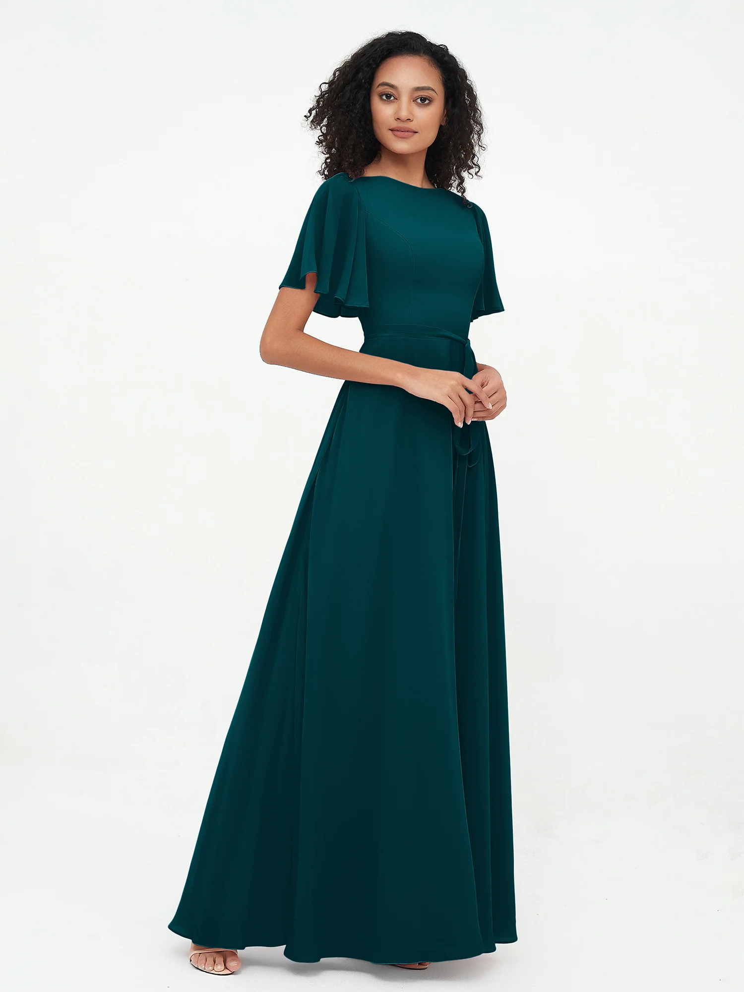 Flutter Sleeves Chiffon Max Dresses with Sash Bow Pine - Image 3