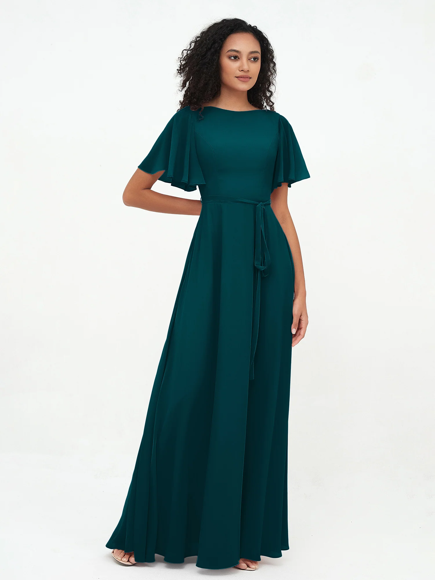 Flutter Sleeves Chiffon Max Dresses with Sash Bow Pine - Image 4
