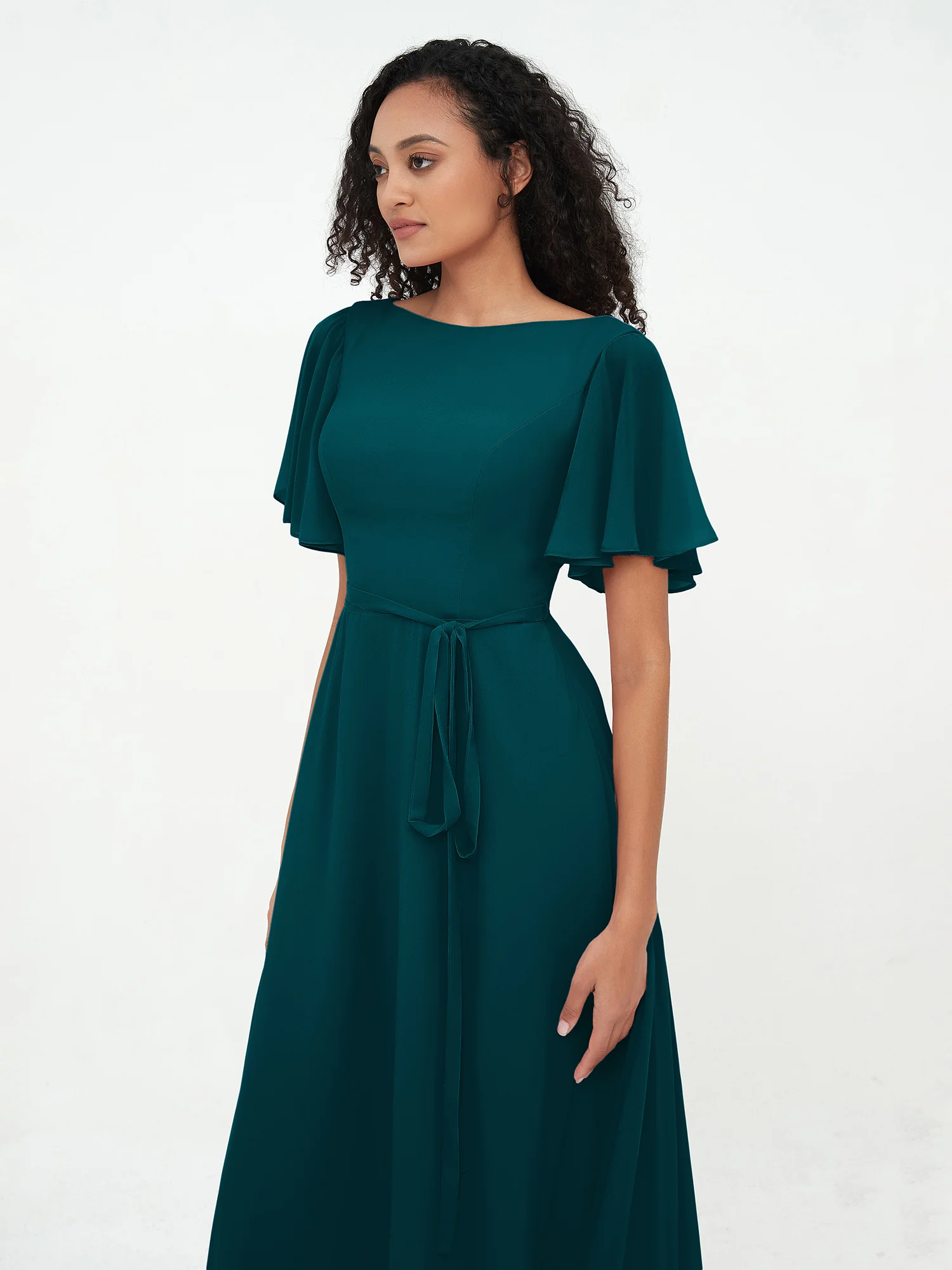 Flutter Sleeves Chiffon Max Dresses with Sash Bow Pine - Image 5