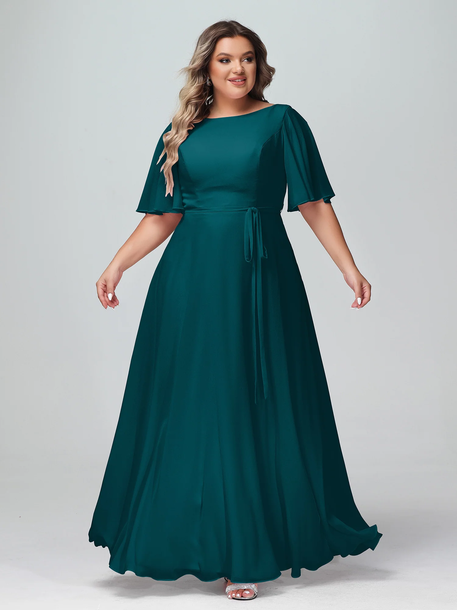 Flutter Sleeves Chiffon Max Dresses with Sash Bow Pine - Image 6