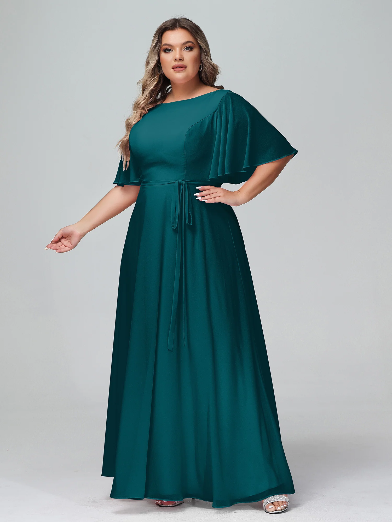 Flutter Sleeves Chiffon Max Dresses with Sash Bow Pine - Image 8