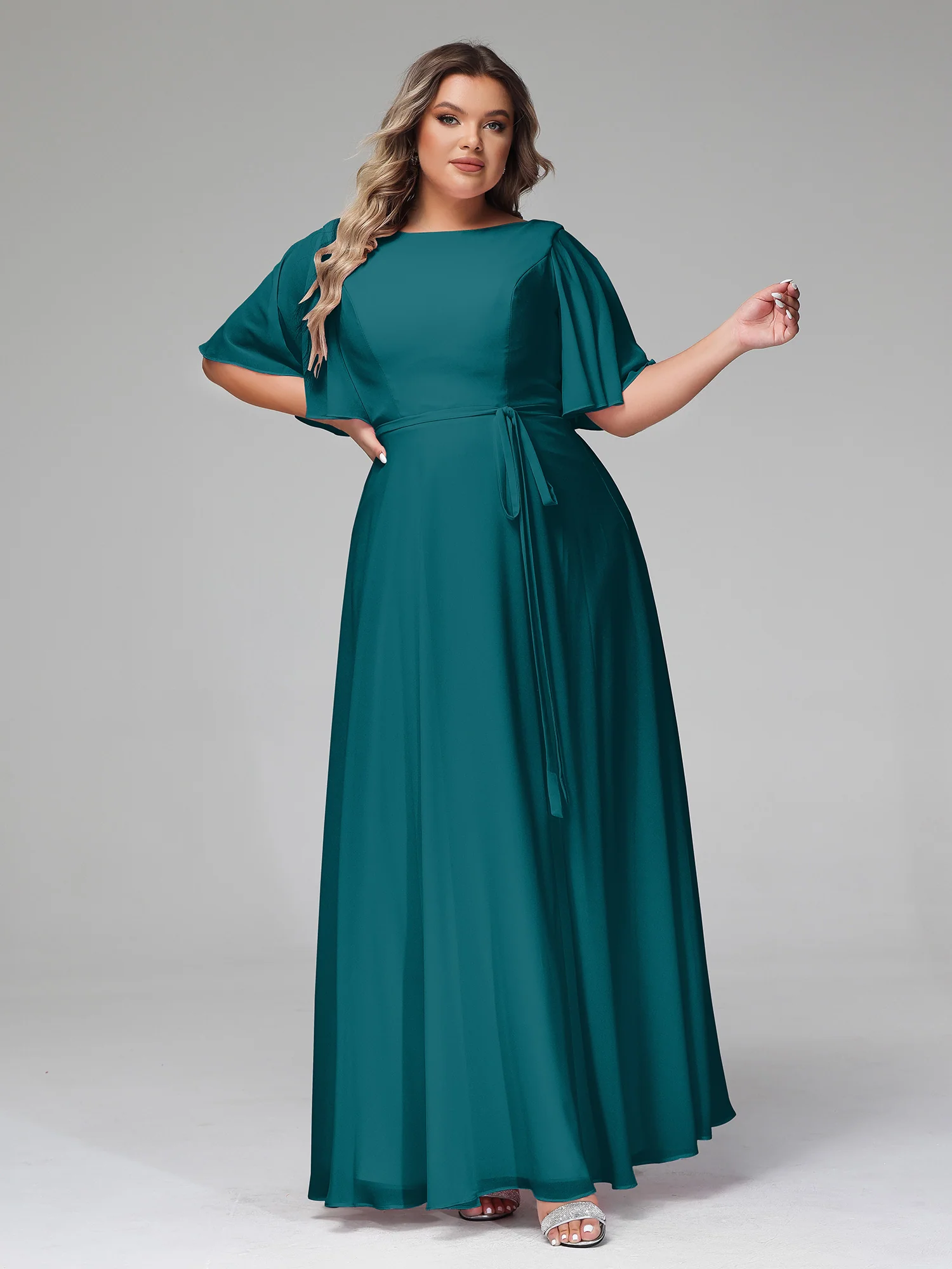 Flutter Sleeves Chiffon Max Dresses with Sash Bow Pine - Image 9