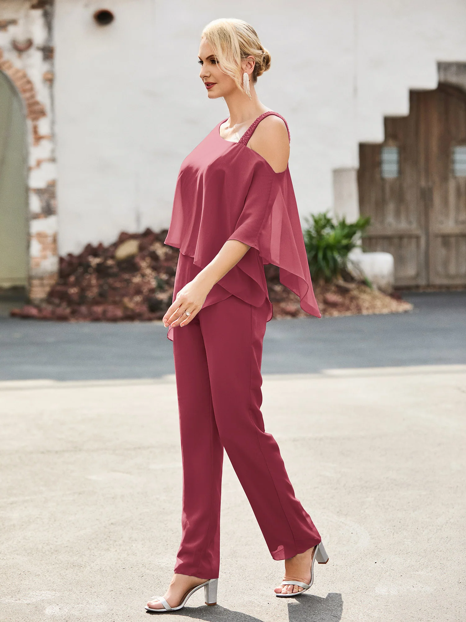 Flutter Sleeves Chiffon Pantsuit with Beaded Cinnamon Rose - Image 3