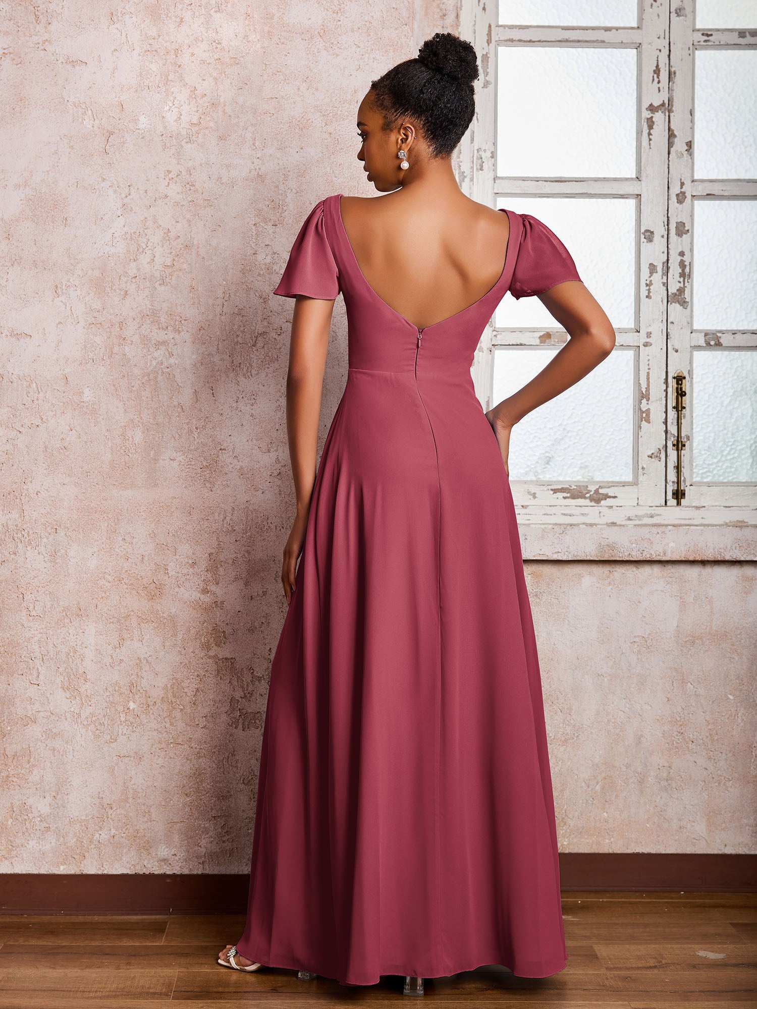 Flutter Sleeves Chiffon Scoop A-line Dresses with Slit Cinnamon Rose - Image 2