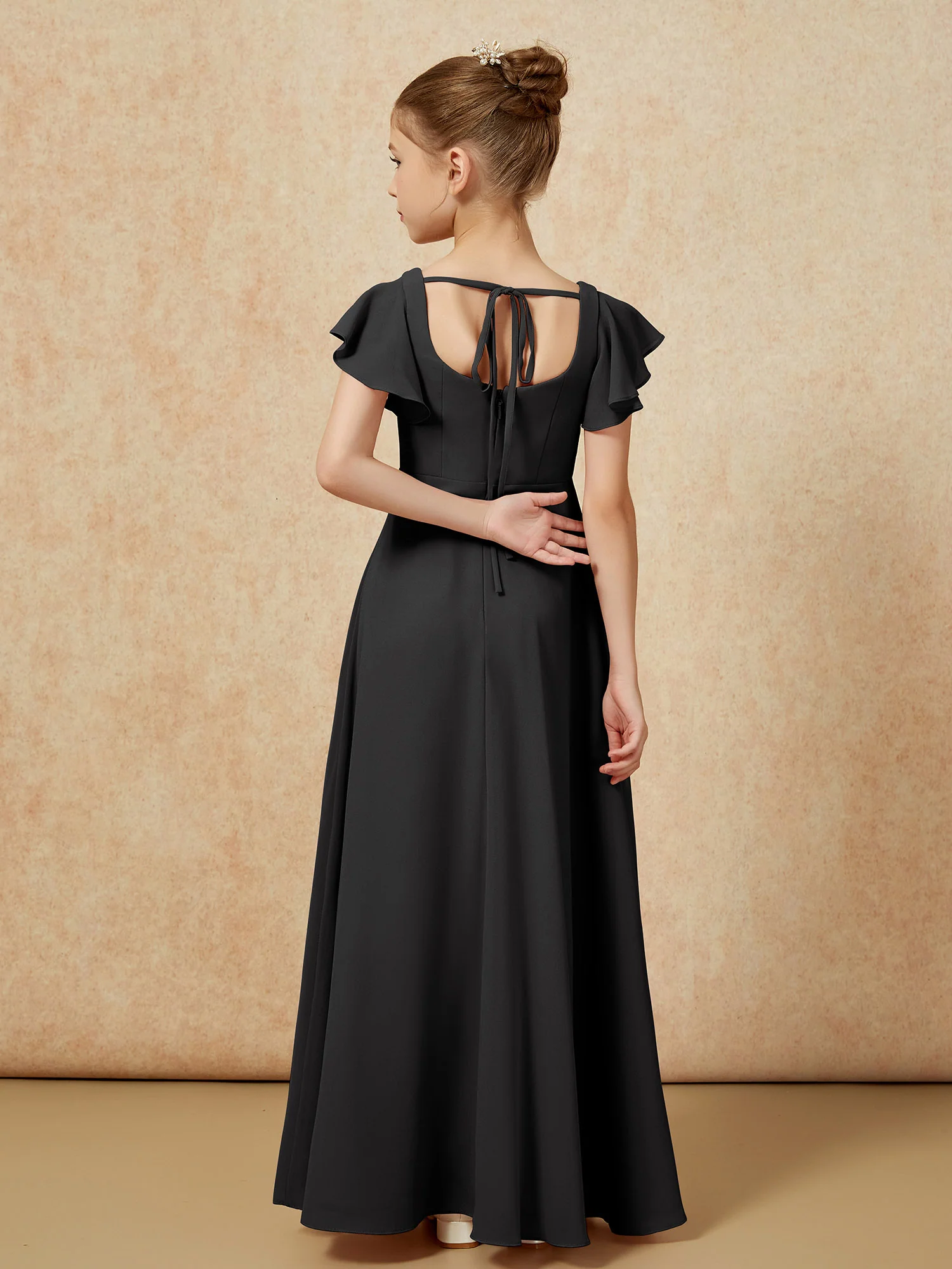 Flutter Sleeves Long Junior Bridesmaid Dresses With Slit Black - Image 2