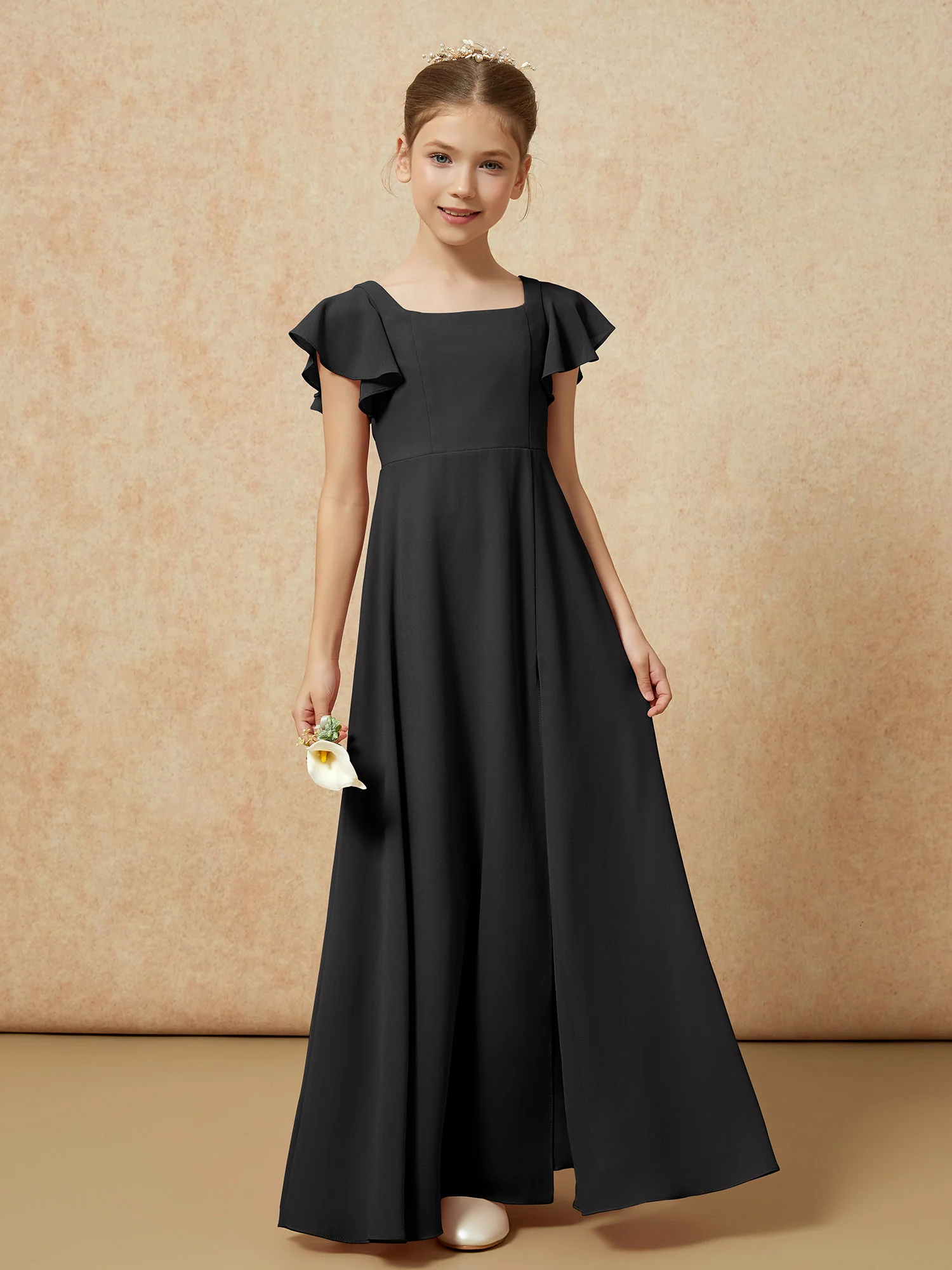 Flutter Sleeves Long Junior Bridesmaid Dresses With Slit Black - Image 4