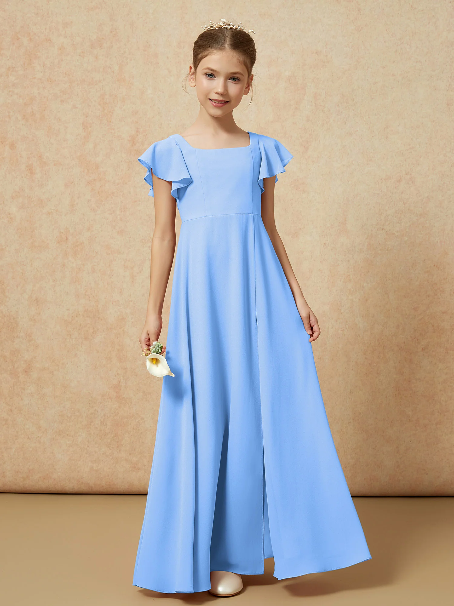 Flutter Sleeves Long Junior Bridesmaid Dresses With Slit Blue - Image 4