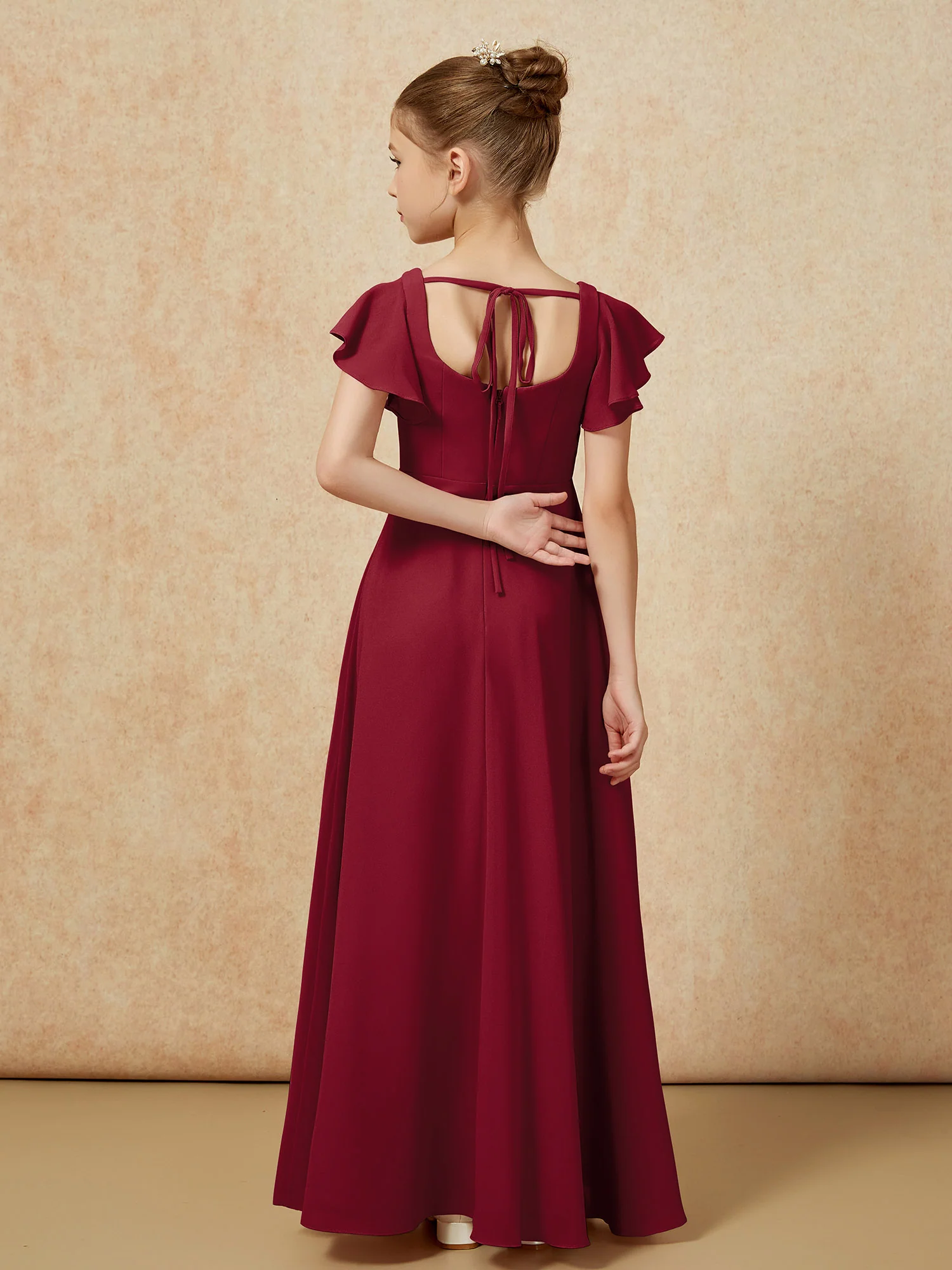 Flutter Sleeves Long Junior Bridesmaid Dresses With Slit Burgundy - Image 2