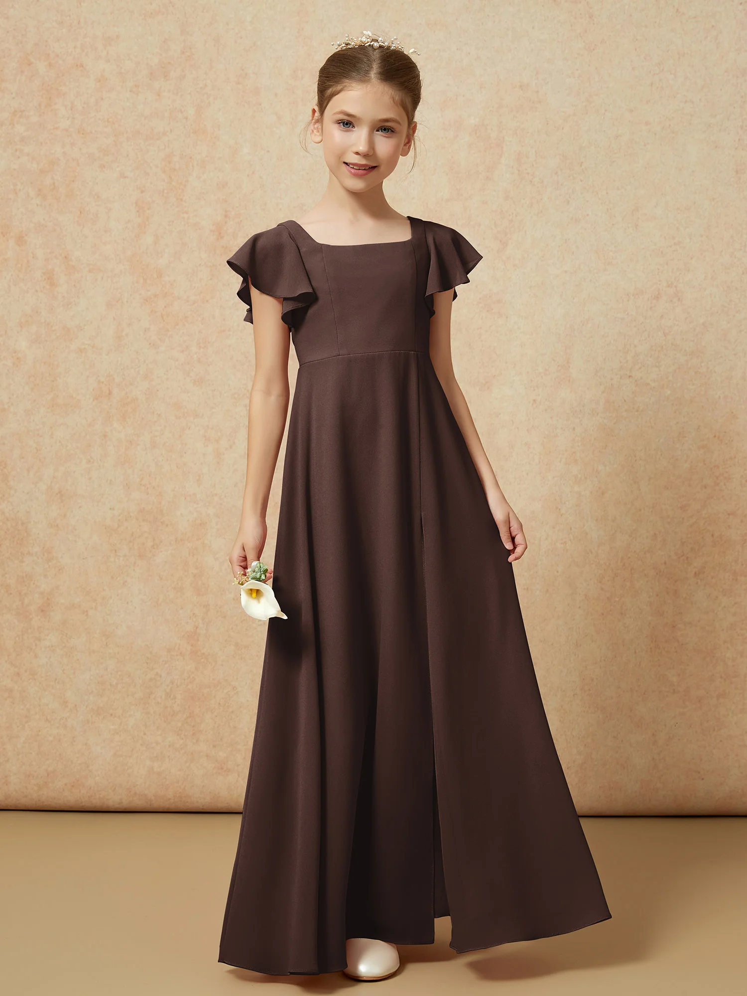 Flutter Sleeves Long Junior Bridesmaid Dresses With Slit Chocolate - Image 4