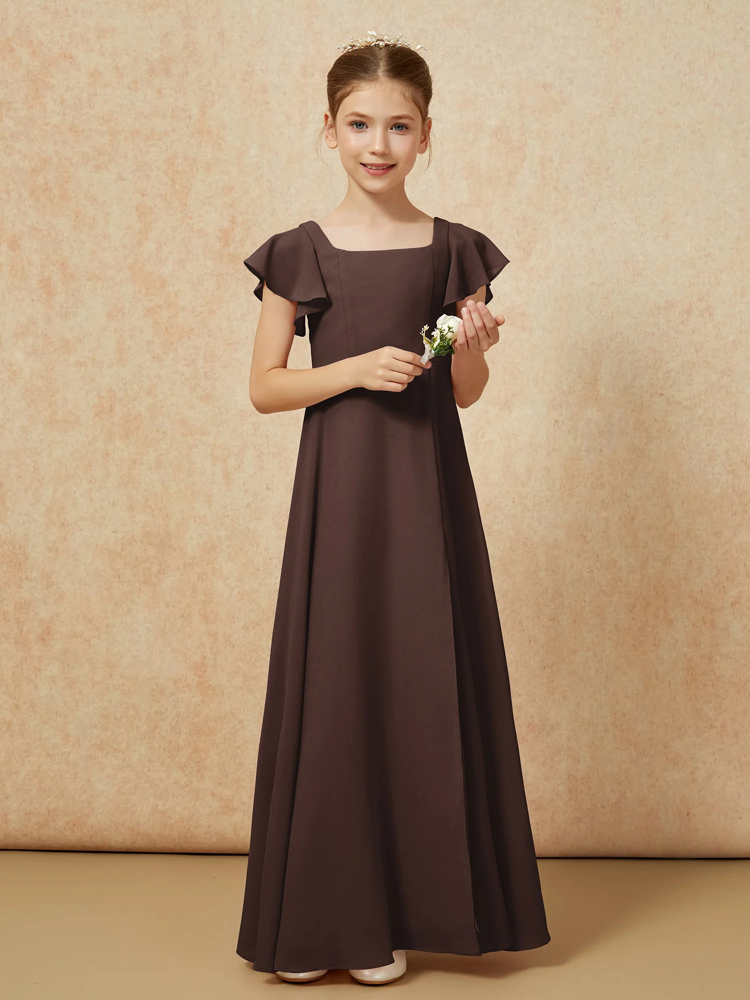 Flutter Sleeves Long Junior Bridesmaid Dresses With Slit Chocolate - Image 5