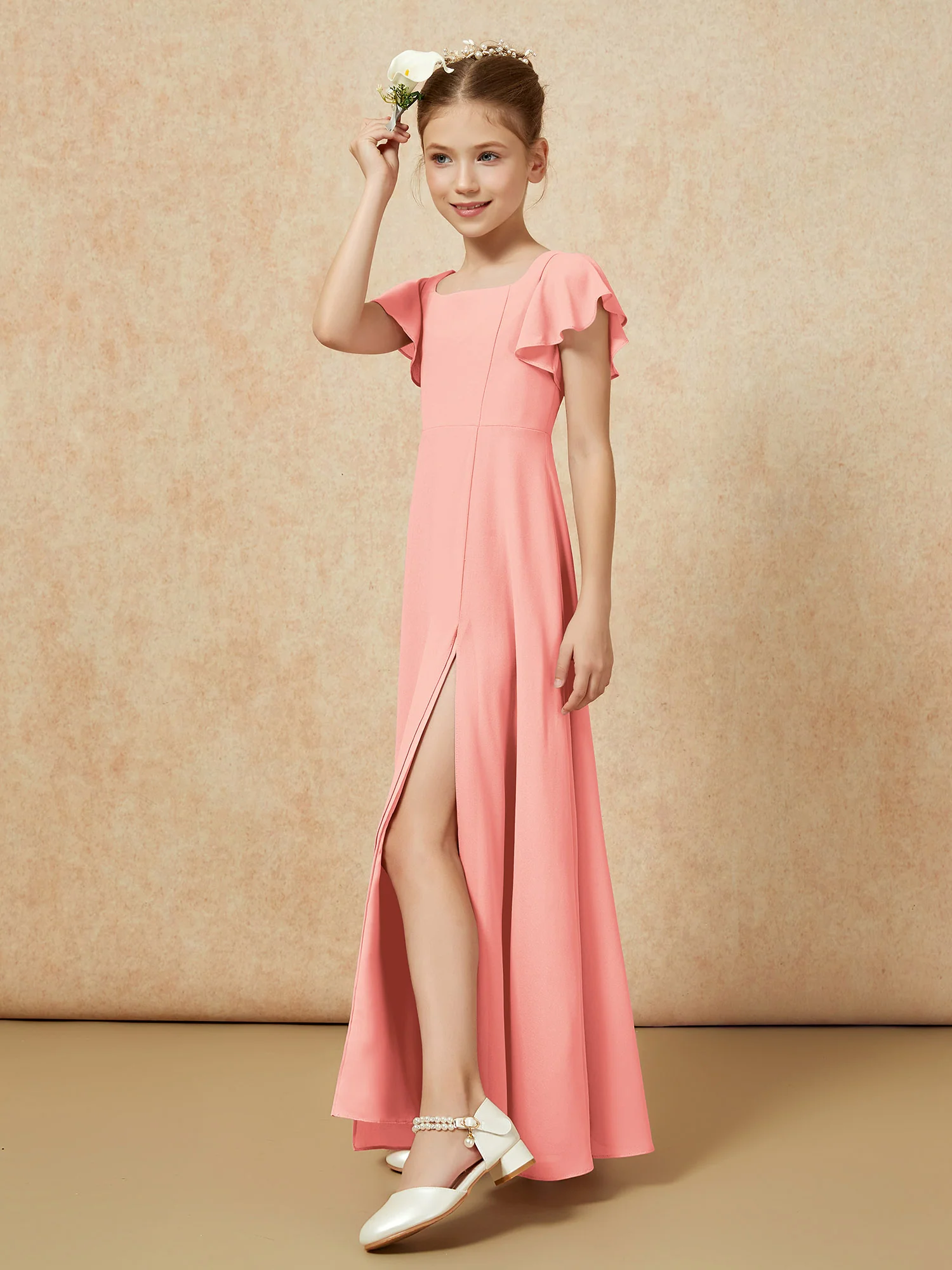 Flutter Sleeves Long Junior Bridesmaid Dresses With Slit Coral - Image 3