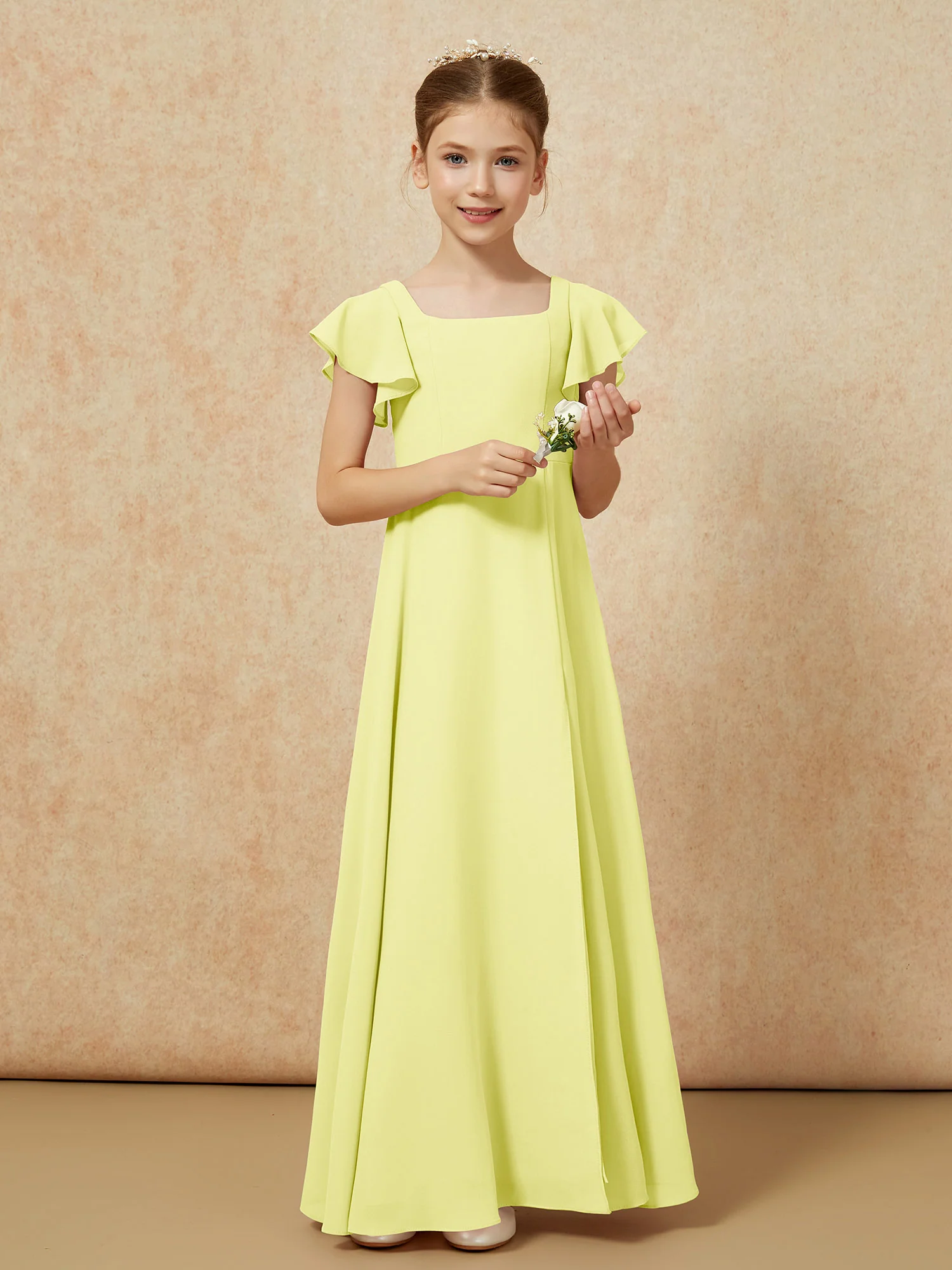 Flutter Sleeves Long Junior Bridesmaid Dresses With Slit Daffodil - Image 5