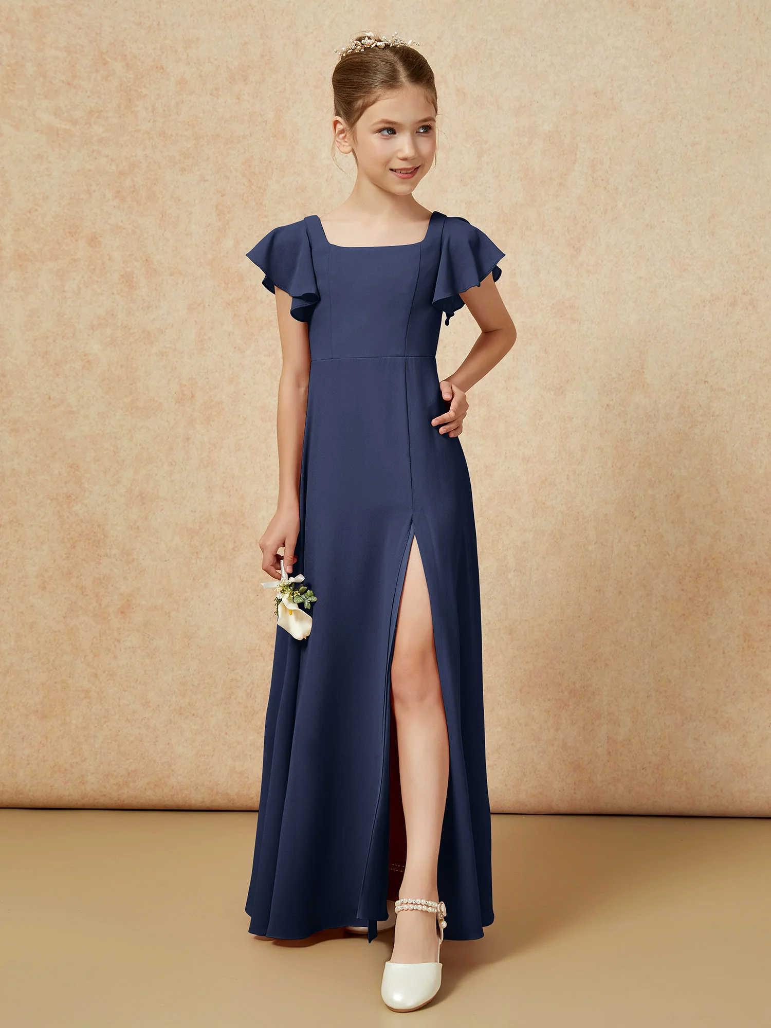 Flutter Sleeves Long Junior Bridesmaid Dresses With Slit Dark Navy