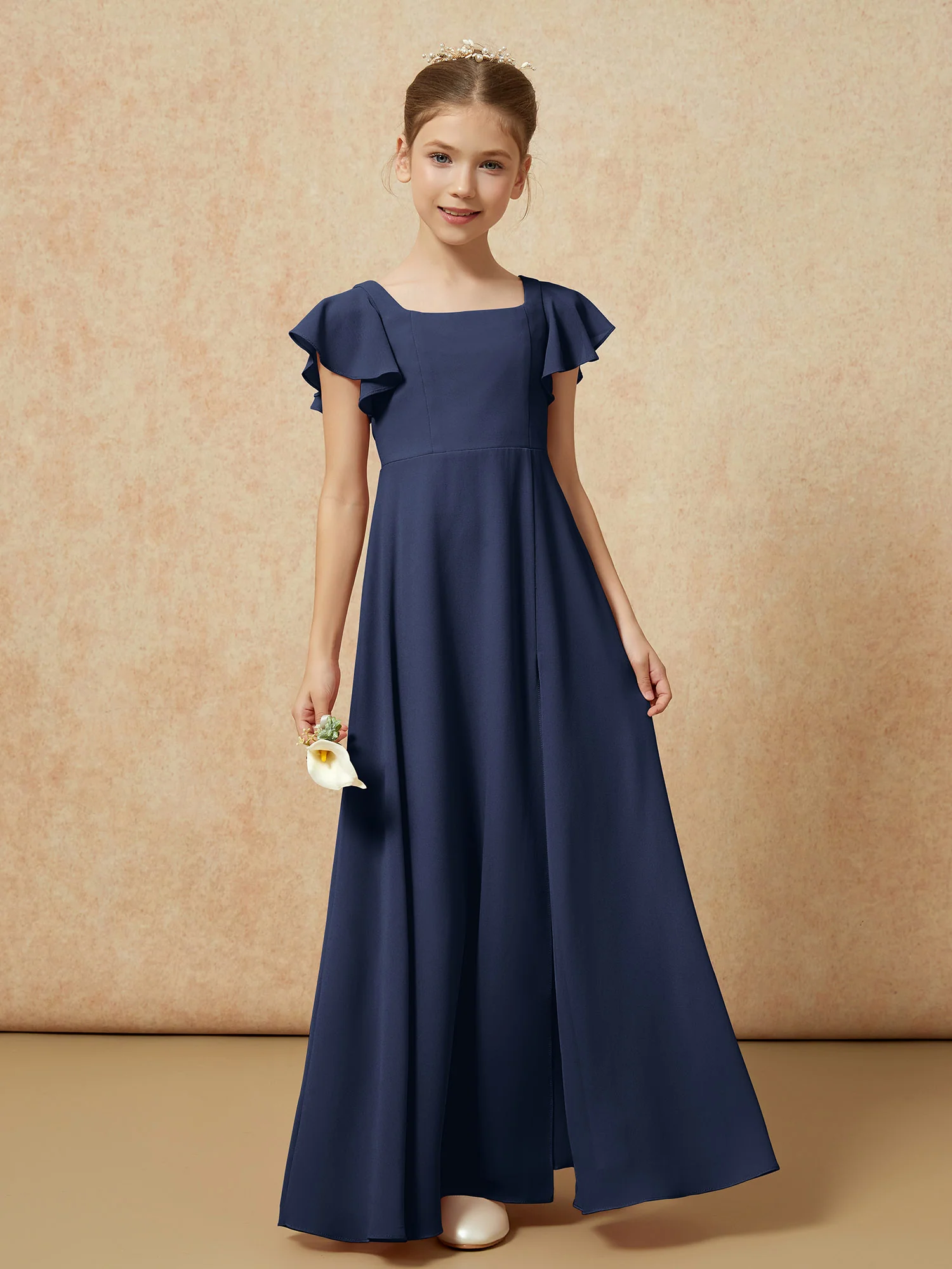 Flutter Sleeves Long Junior Bridesmaid Dresses With Slit Dark Navy - Image 4