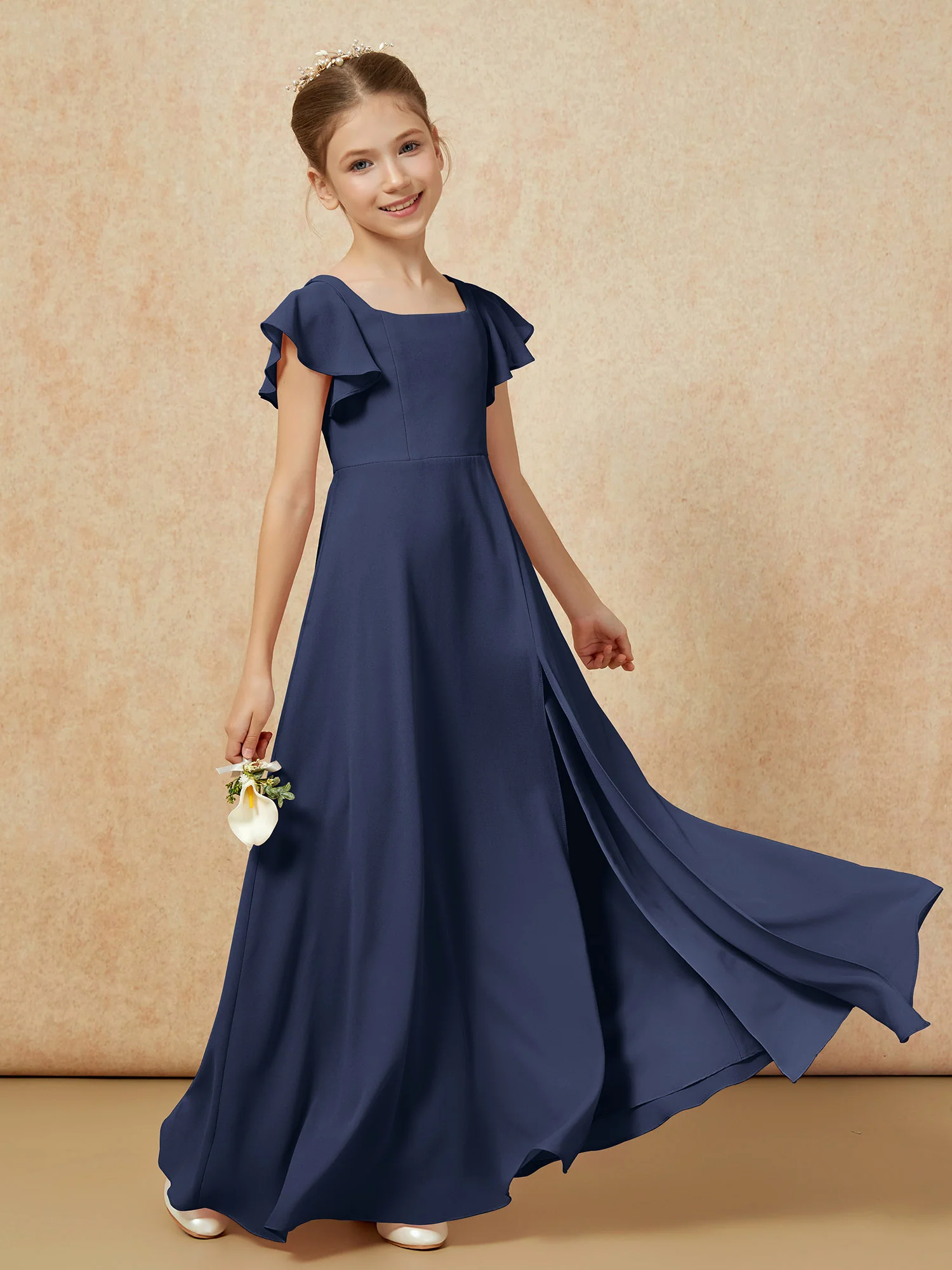 Flutter Sleeves Long Junior Bridesmaid Dresses With Slit Dark Navy - Image 6