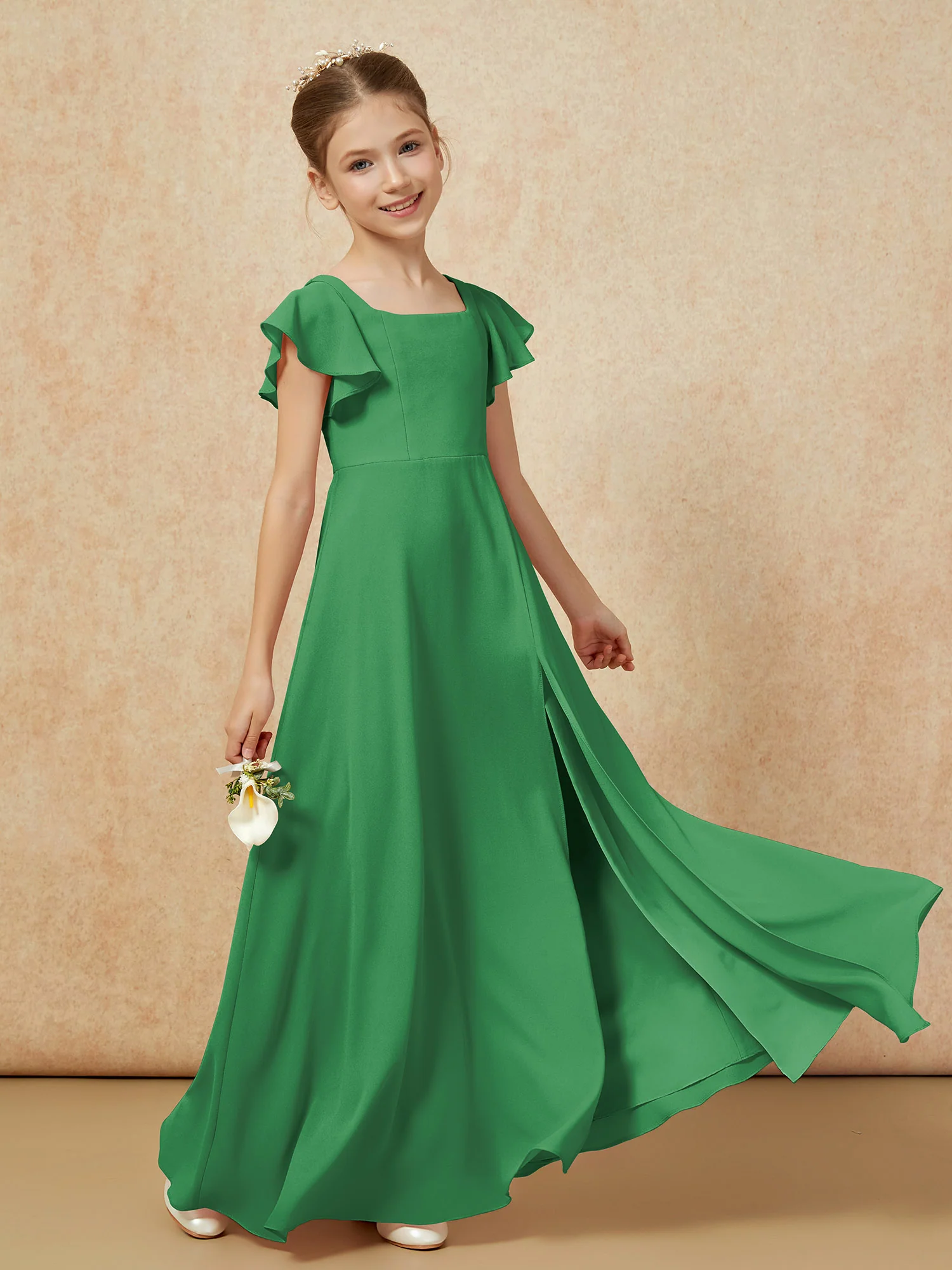 Flutter Sleeves Long Junior Bridesmaid Dresses With Slit Emerald - Image 6