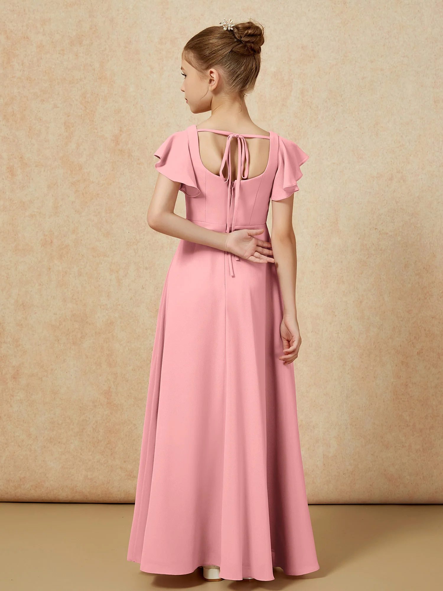 Flutter Sleeves Long Junior Bridesmaid Dresses With Slit Flamingo - Image 2