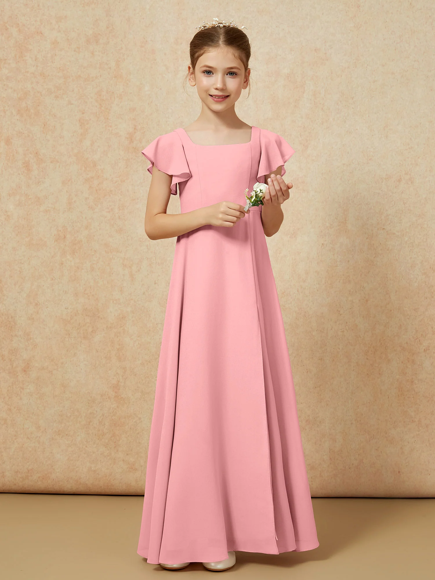 Flutter Sleeves Long Junior Bridesmaid Dresses With Slit Flamingo - Image 5