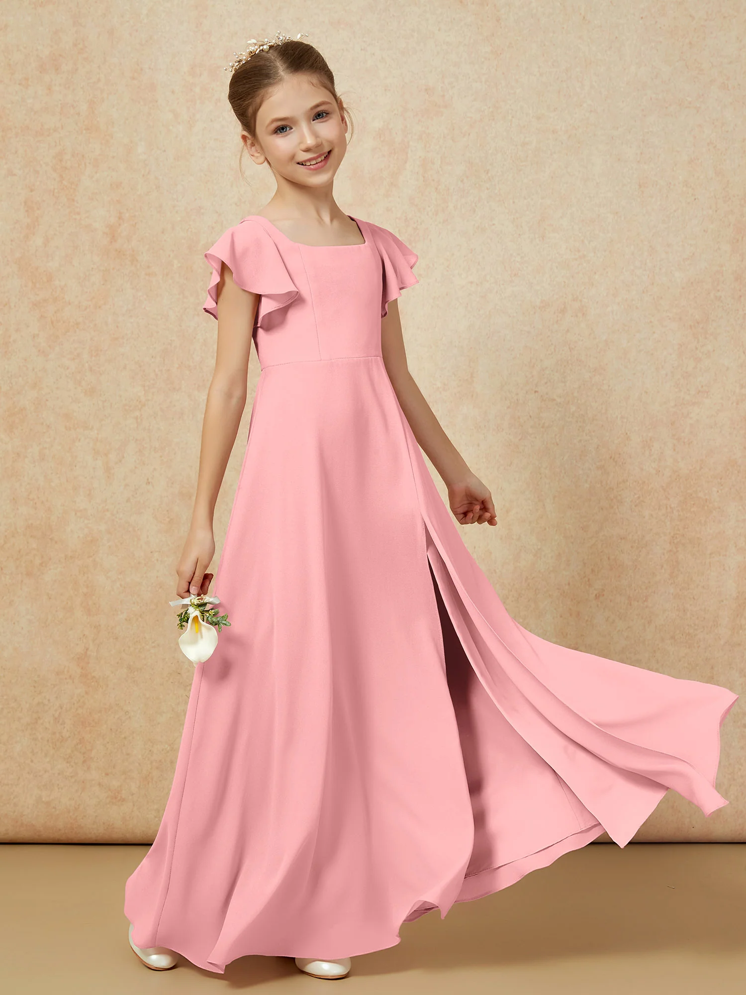 Flutter Sleeves Long Junior Bridesmaid Dresses With Slit Flamingo - Image 6