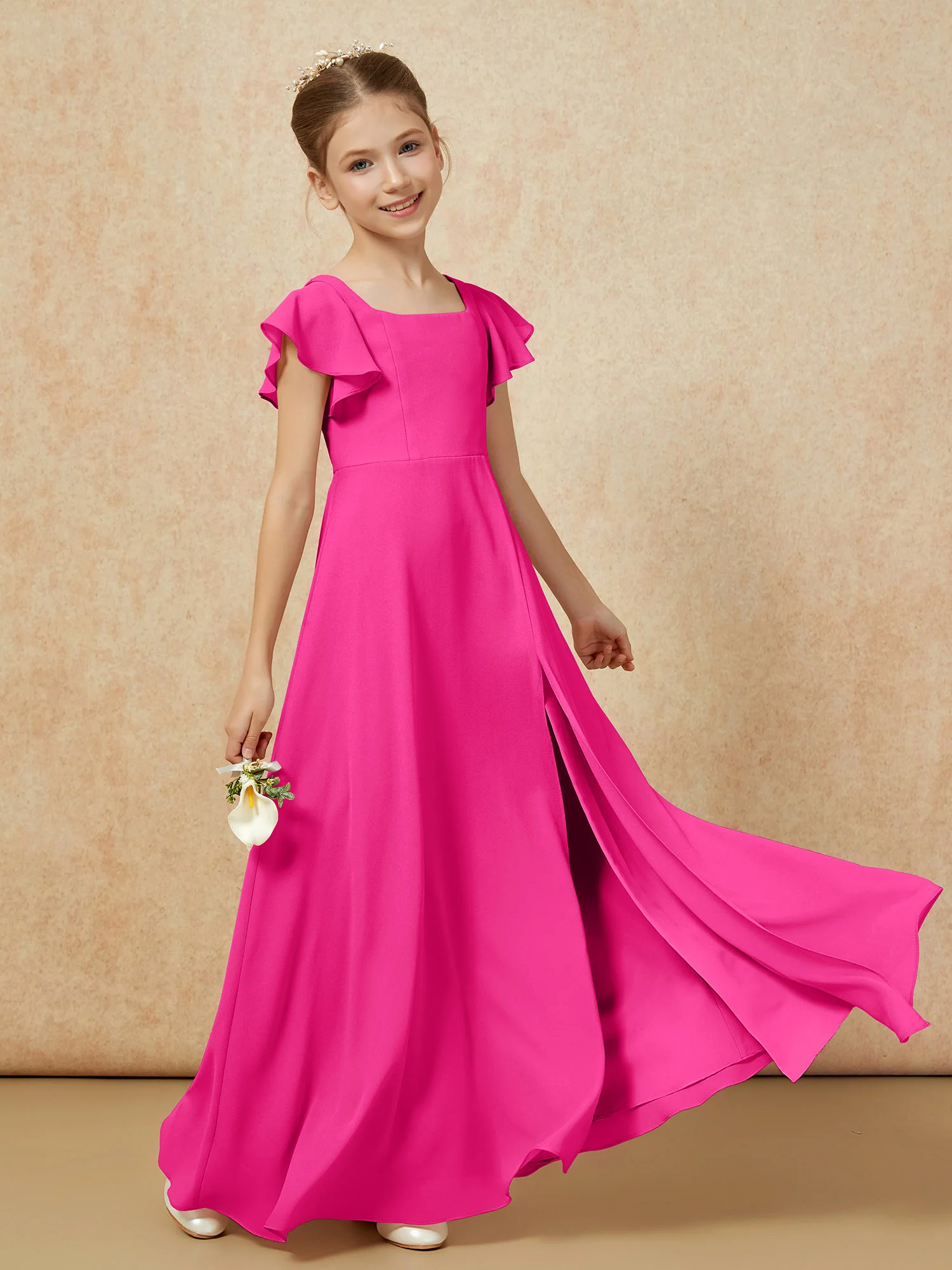 Flutter Sleeves Long Junior Bridesmaid Dresses With Slit Fuchsia - Image 6