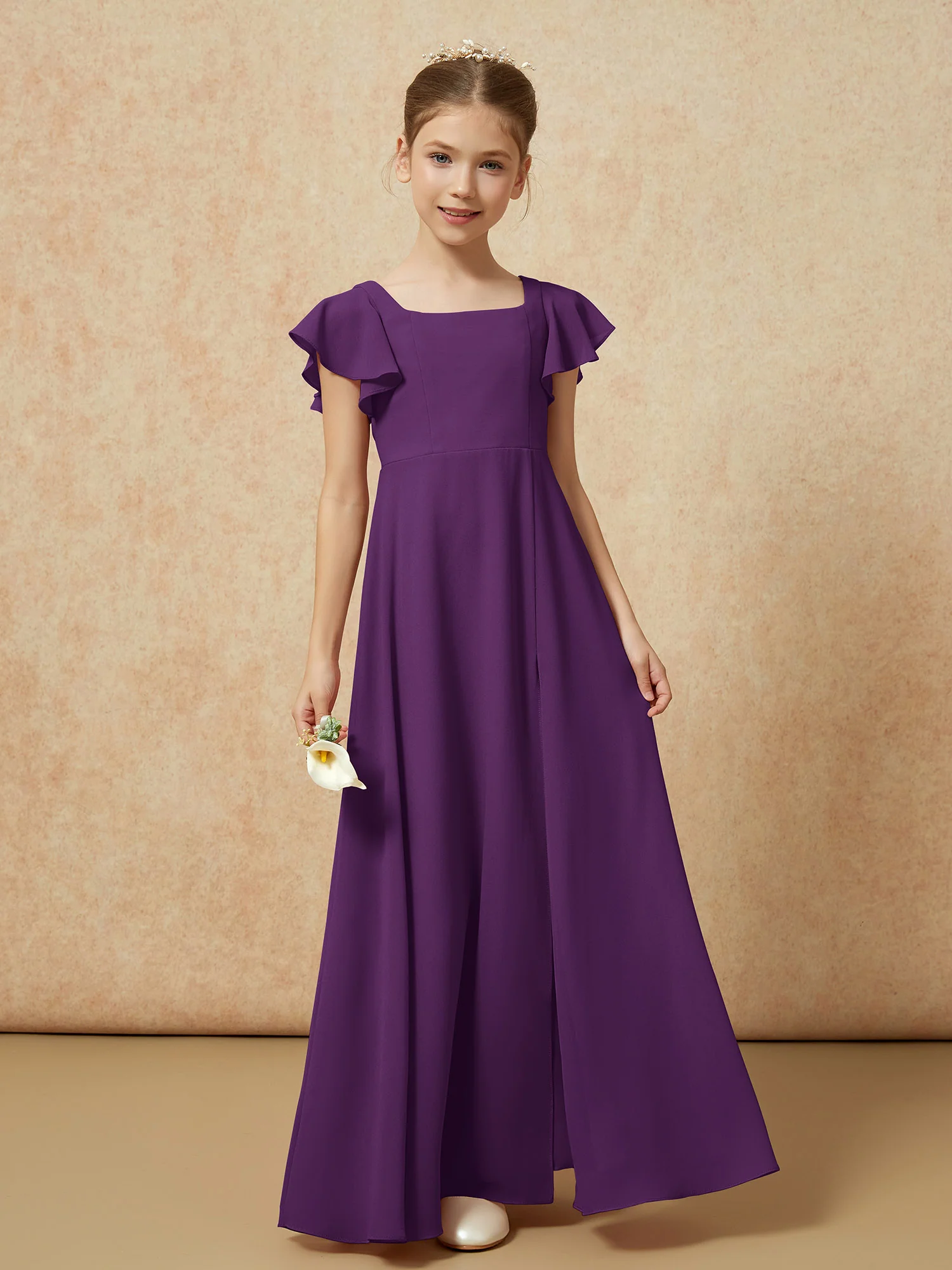 Flutter Sleeves Long Junior Bridesmaid Dresses With Slit Grape - Image 4