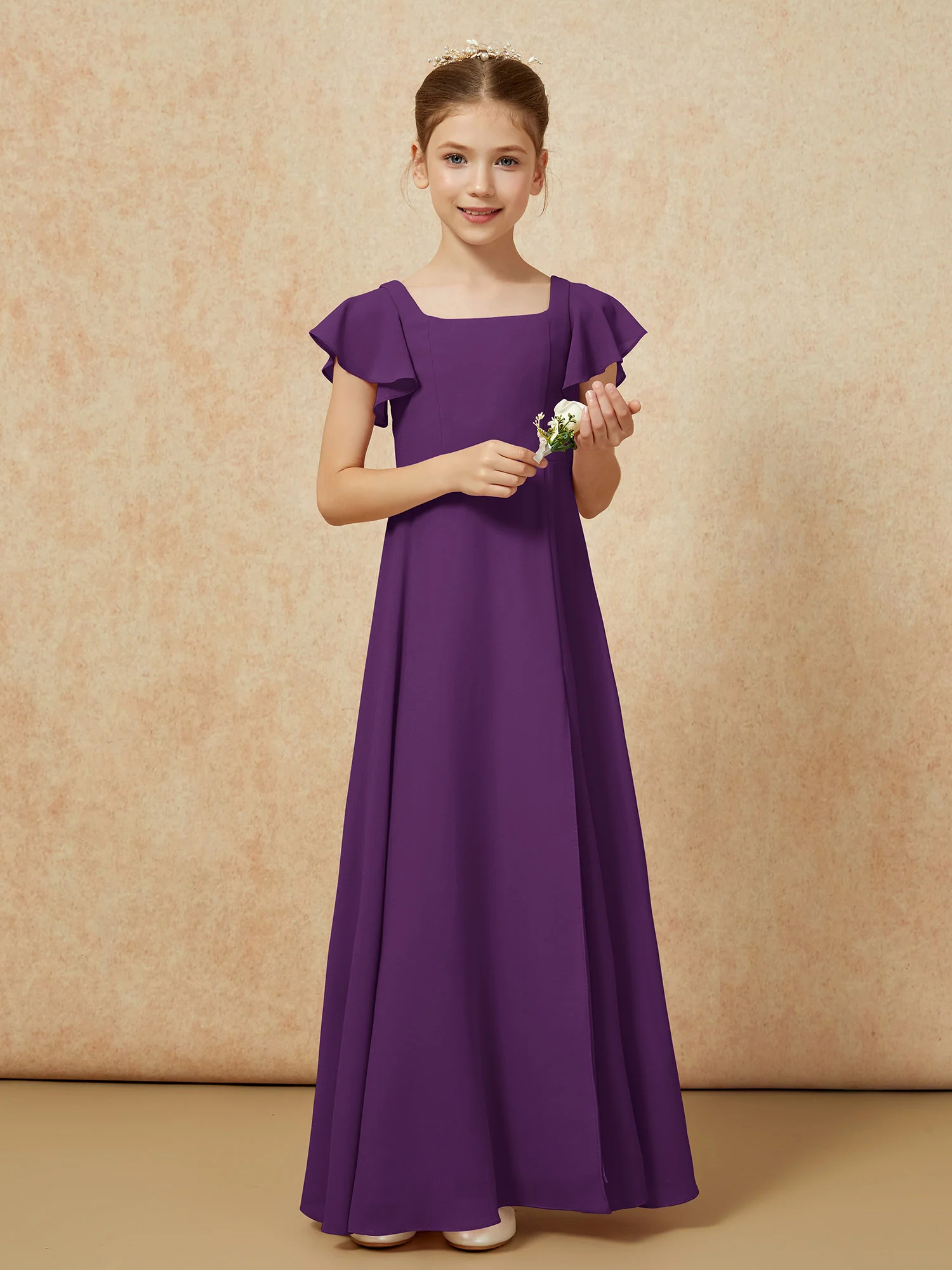 Flutter Sleeves Long Junior Bridesmaid Dresses With Slit Grape - Image 5
