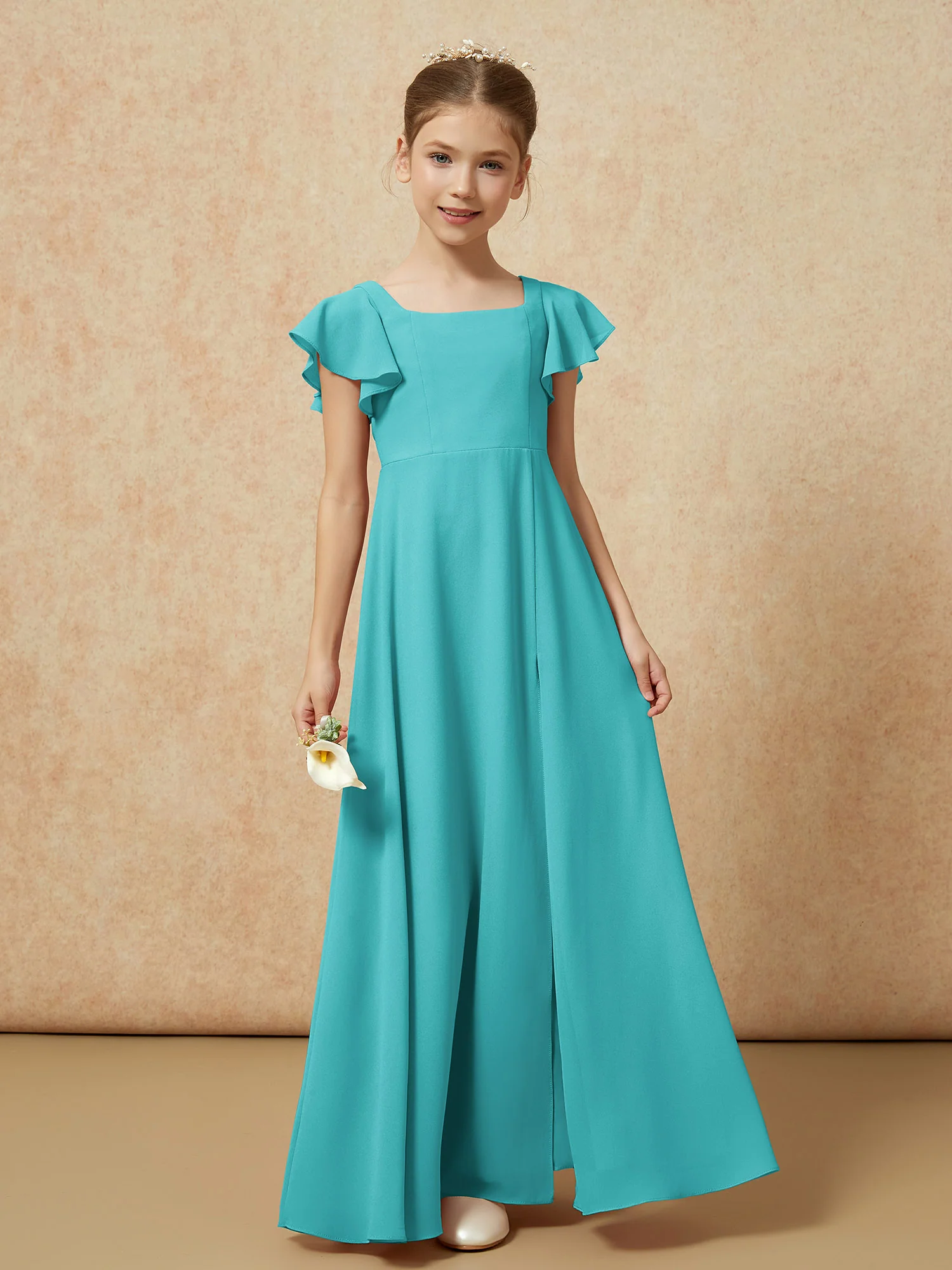 Flutter Sleeves Long Junior Bridesmaid Dresses With Slit Jade - Image 4