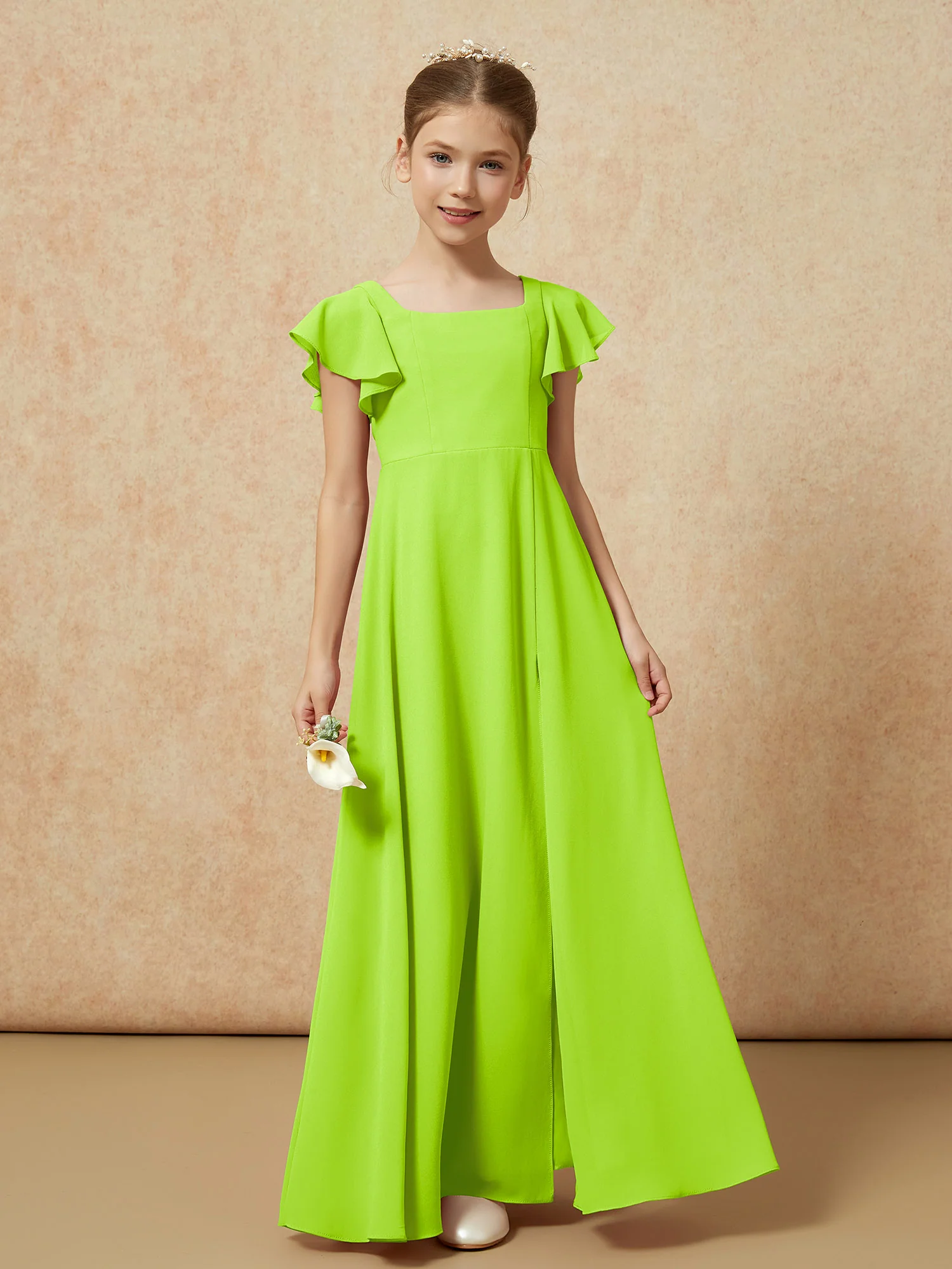 Flutter Sleeves Long Junior Bridesmaid Dresses With Slit Lime Green - Image 4
