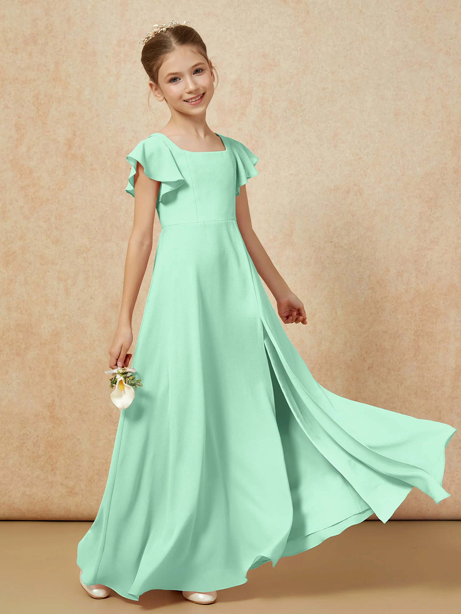Flutter Sleeves Long Junior Bridesmaid Dresses With Slit Mint Green - Image 6