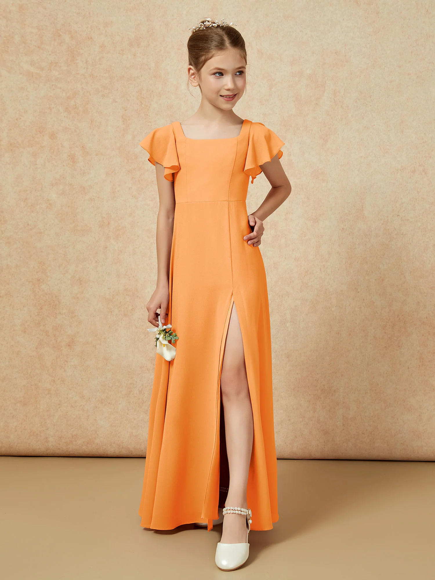 Flutter Sleeves Long Junior Bridesmaid Dresses With Slit Orange