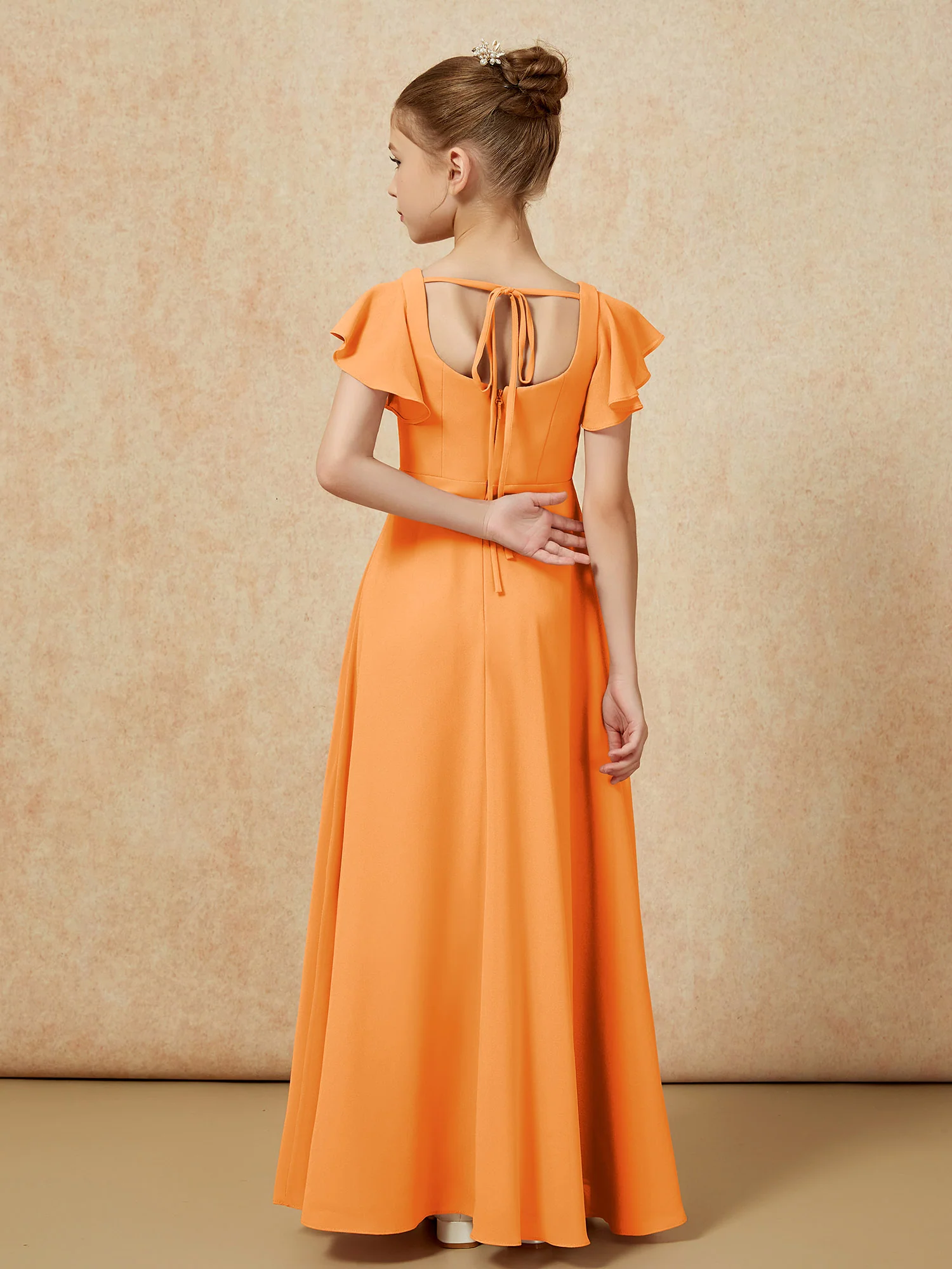 Flutter Sleeves Long Junior Bridesmaid Dresses With Slit Orange - Image 2