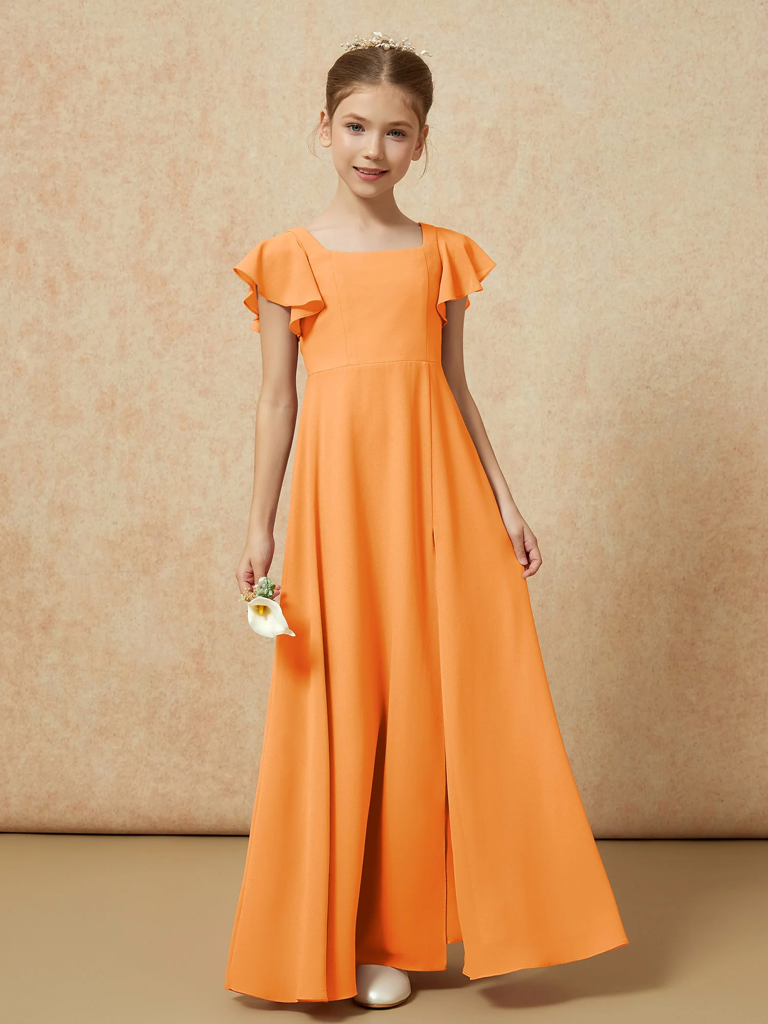 Flutter Sleeves Long Junior Bridesmaid Dresses With Slit Orange - Image 4
