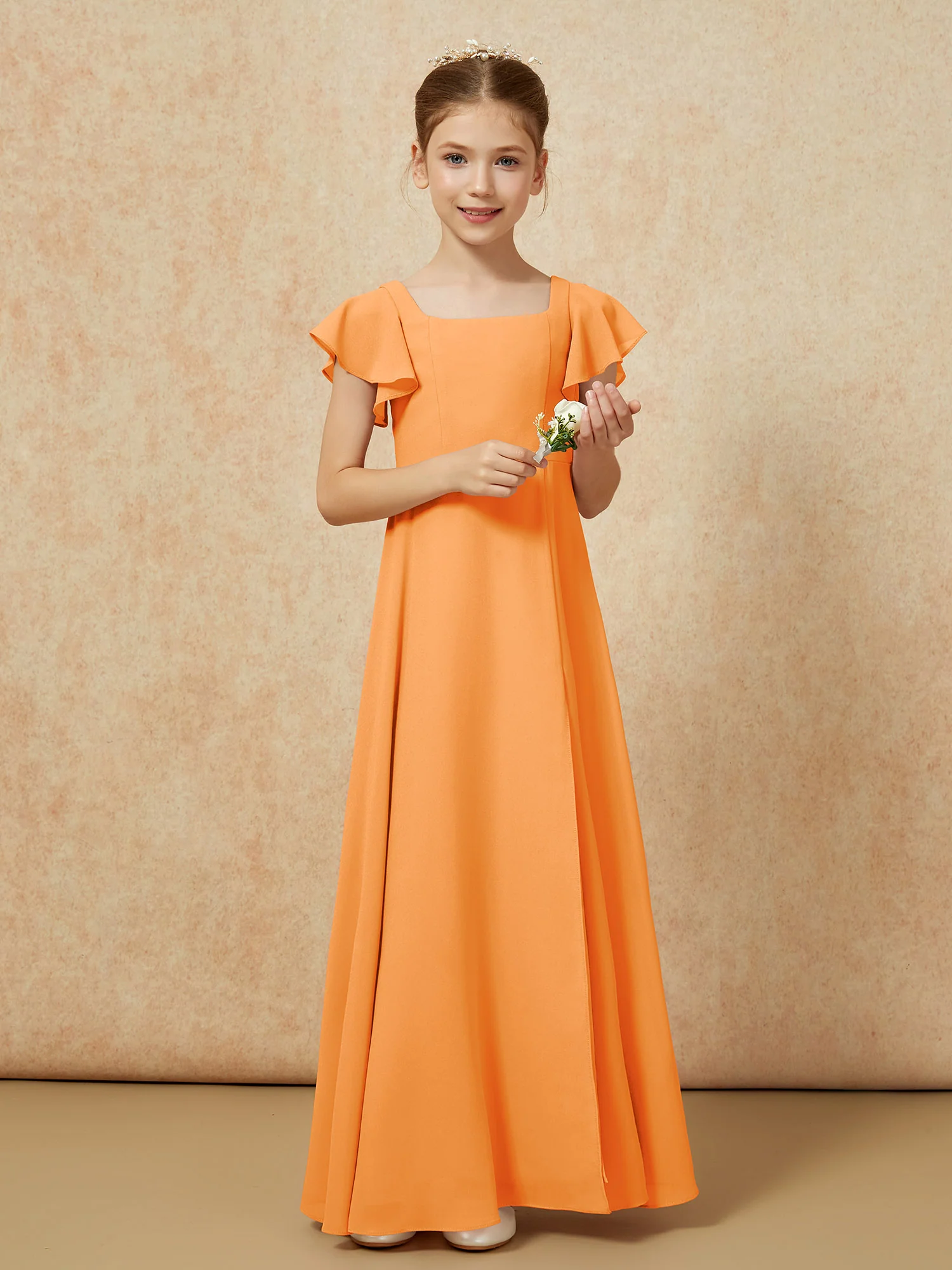 Flutter Sleeves Long Junior Bridesmaid Dresses With Slit Orange - Image 5