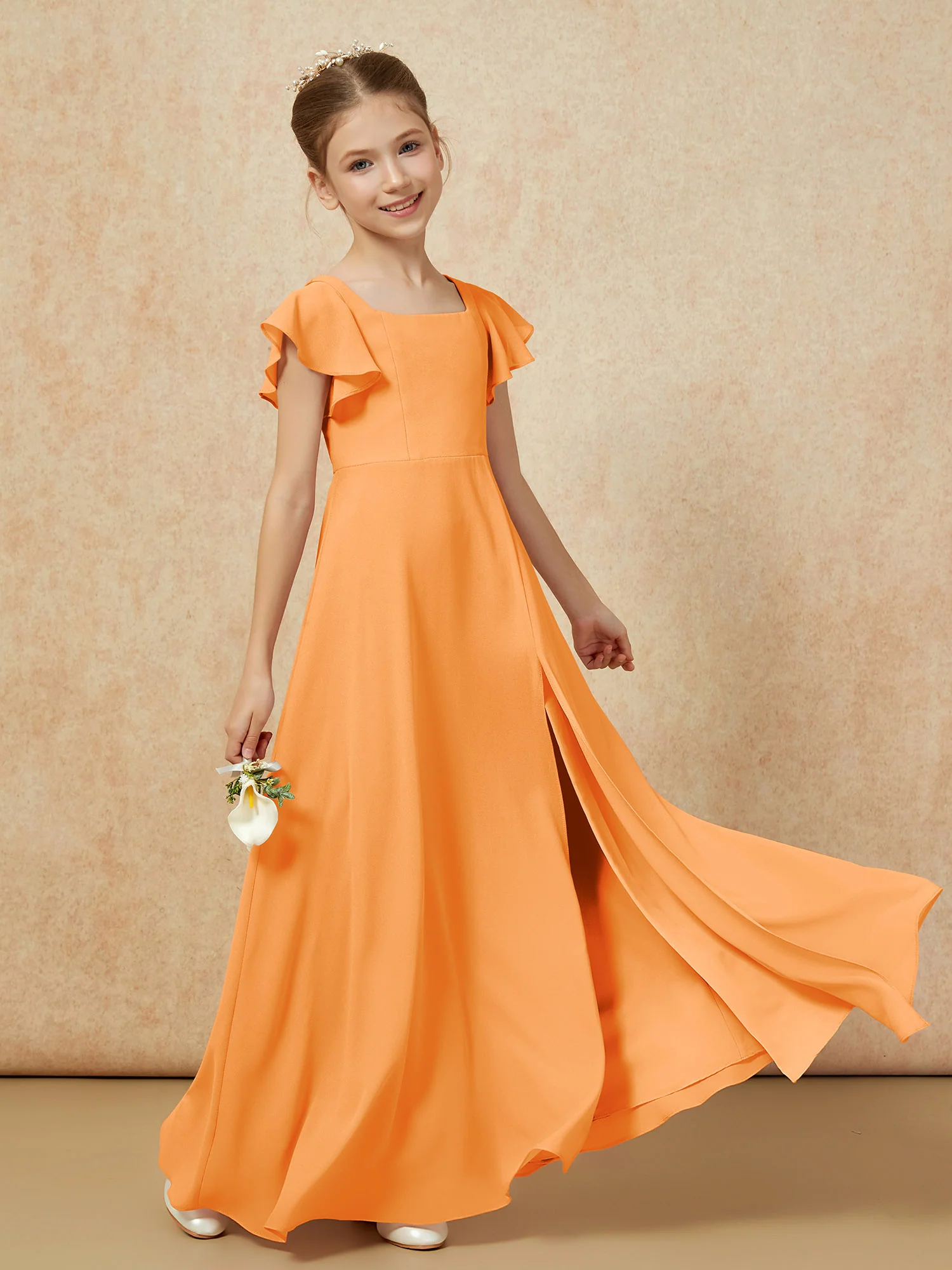 Flutter Sleeves Long Junior Bridesmaid Dresses With Slit Orange - Image 6