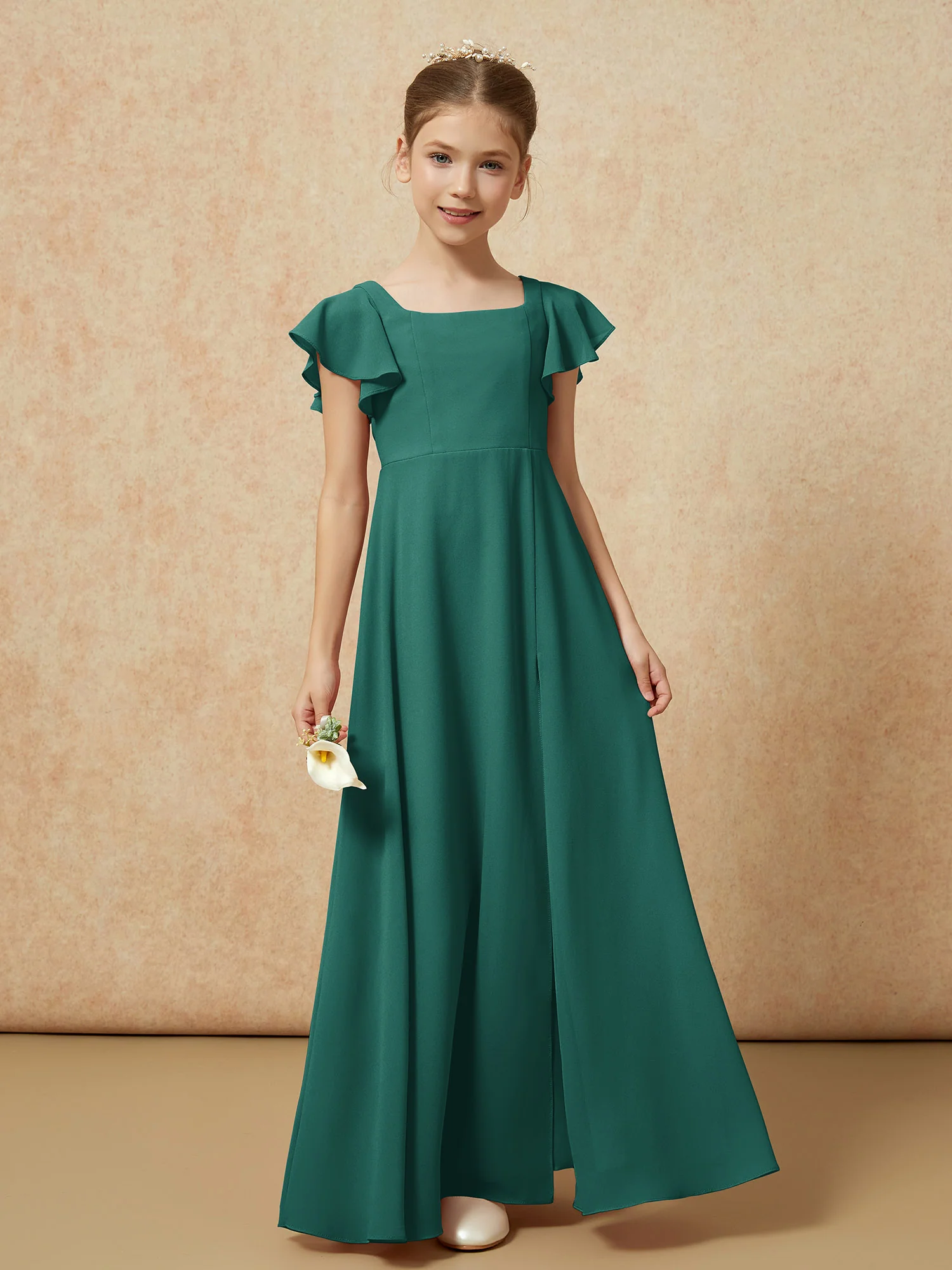 Flutter Sleeves Long Junior Bridesmaid Dresses With Slit Peacock - Image 4