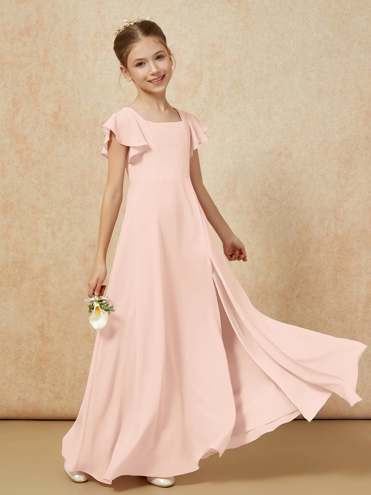 Flutter Sleeves Long Junior Bridesmaid Dresses With Slit Pearl Pink - Image 6