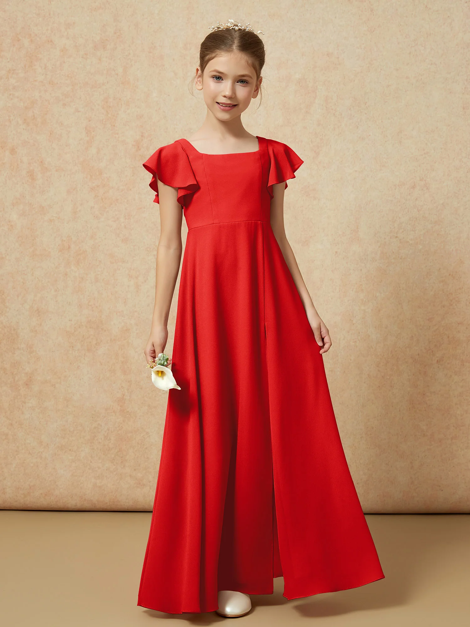 Flutter Sleeves Long Junior Bridesmaid Dresses With Slit Red - Image 4