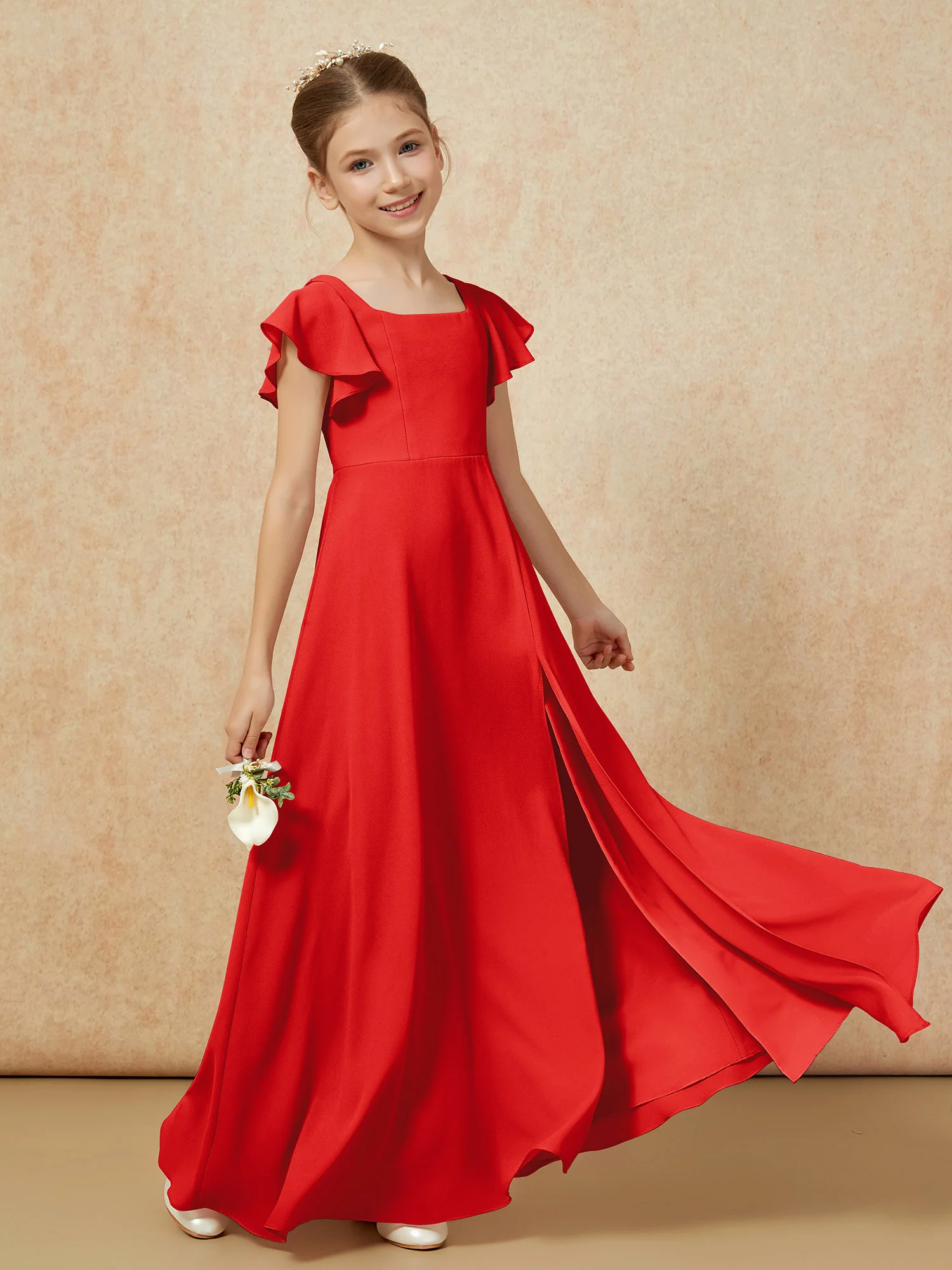 Flutter Sleeves Long Junior Bridesmaid Dresses With Slit Red - Image 6